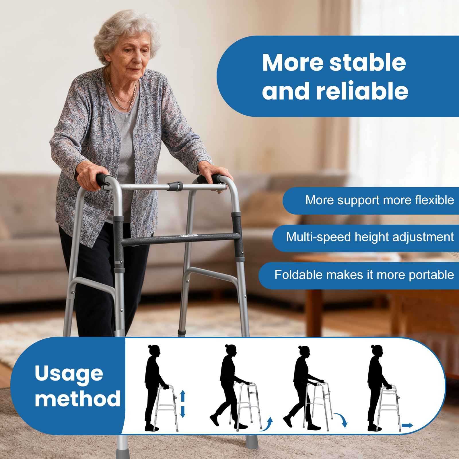 Déambulateur pliable léger à hauteur réglable, design antidérapant et charge 100 kg pour marche sécurisée - 5