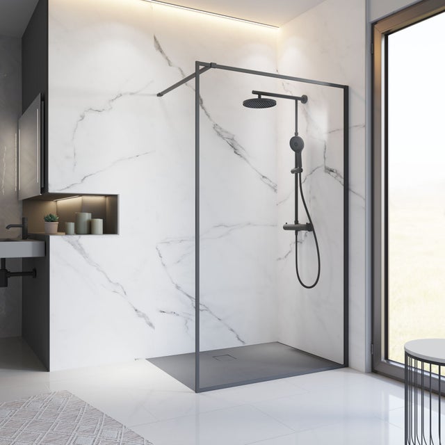 Schulte paroi de douche à l'italienne, 140x200 cm, paroi de douche fixe, anticalcaire, verre 6 mm, transparent, encadrement aluminium noir, Contoura