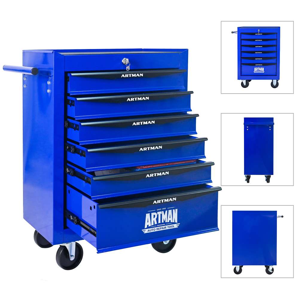 Caisse à outils roulante 6 tiroirs, glissières à billes, boîte en acier, organiseur, noir et bleu. - 5