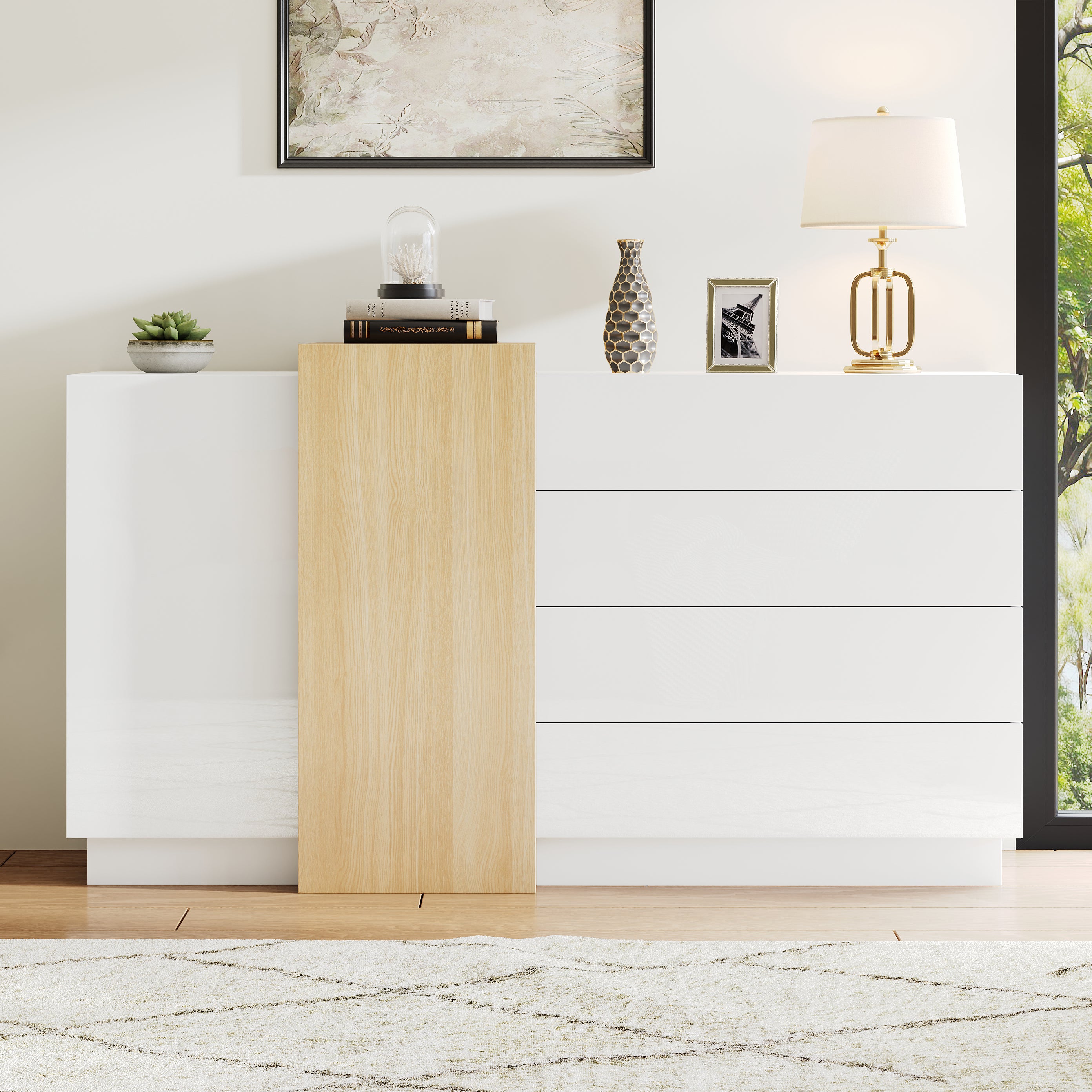 Komoda z 3 szufladami i 4 drzwiami - 160 x 37 x 75 cm - Drewno MDF - Połysk biały i kolor drewna