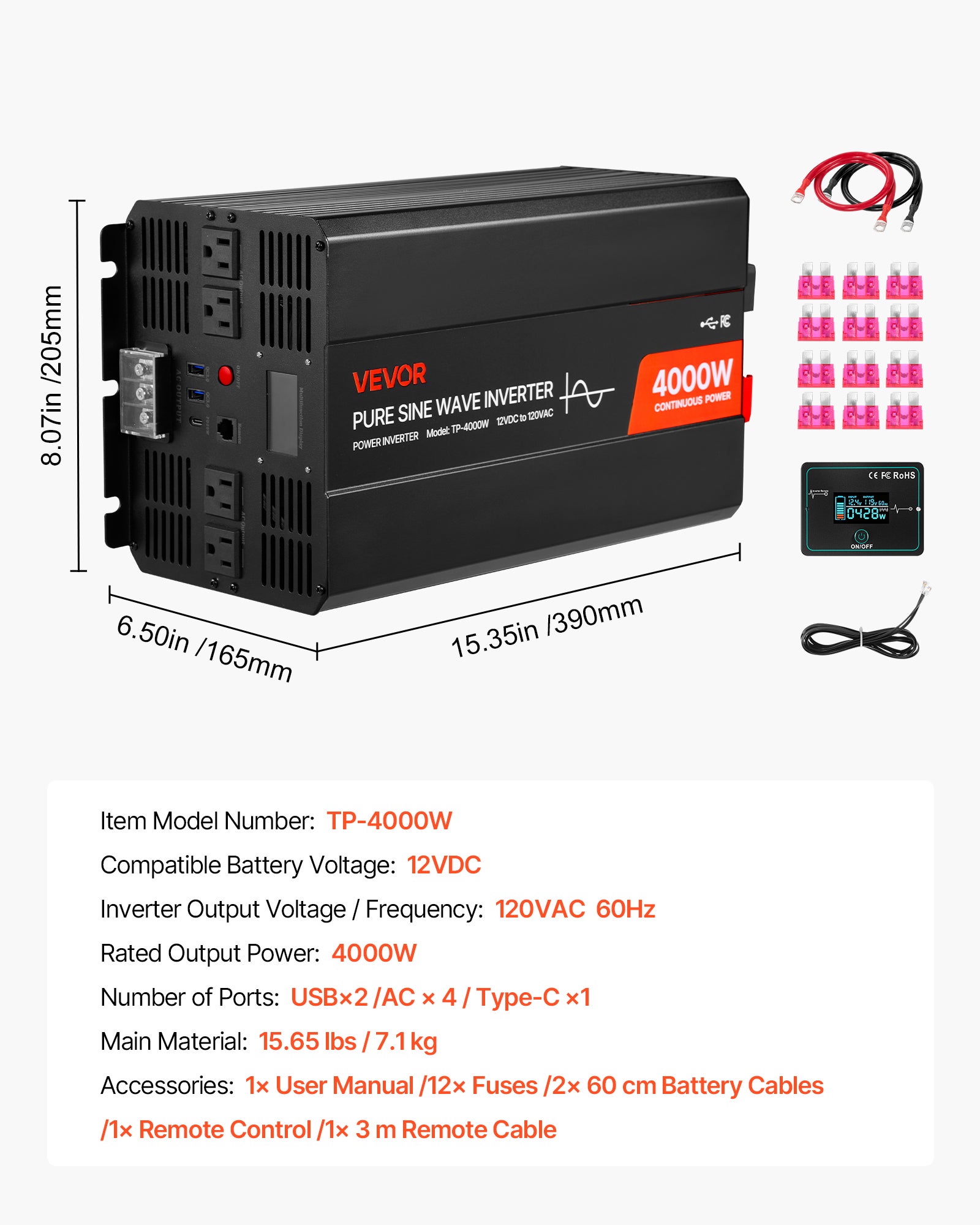 Inversor onda senoidal pura VEVOR, gabinete de alumínio, 12V CC→230V CA, 4000W, tela LCD, controle com fio, USB e Type-C, 2 tomadas, motorhome/solar - 7