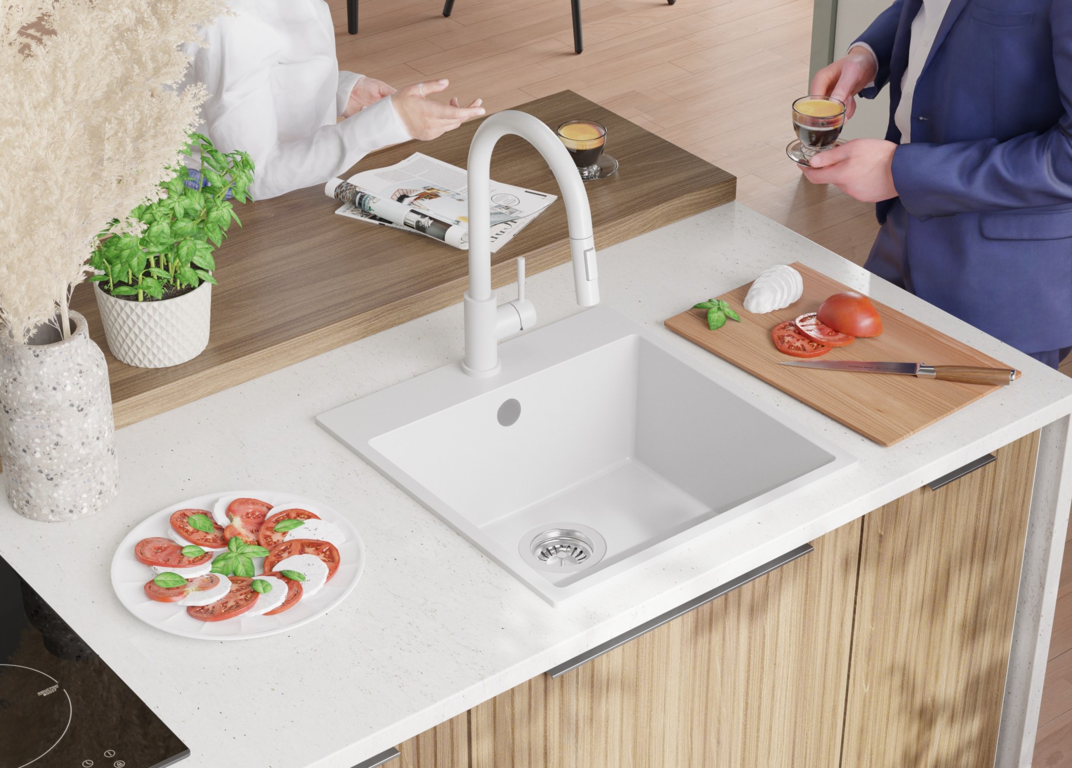 Lavello da Cucina Bianco 48x50cm, Lavandino in Granito a 1 vasca + Sifone Classico, Lavabo da Cucina Incasso al mobile 50cm - Riga PRIMAGRAN - 4