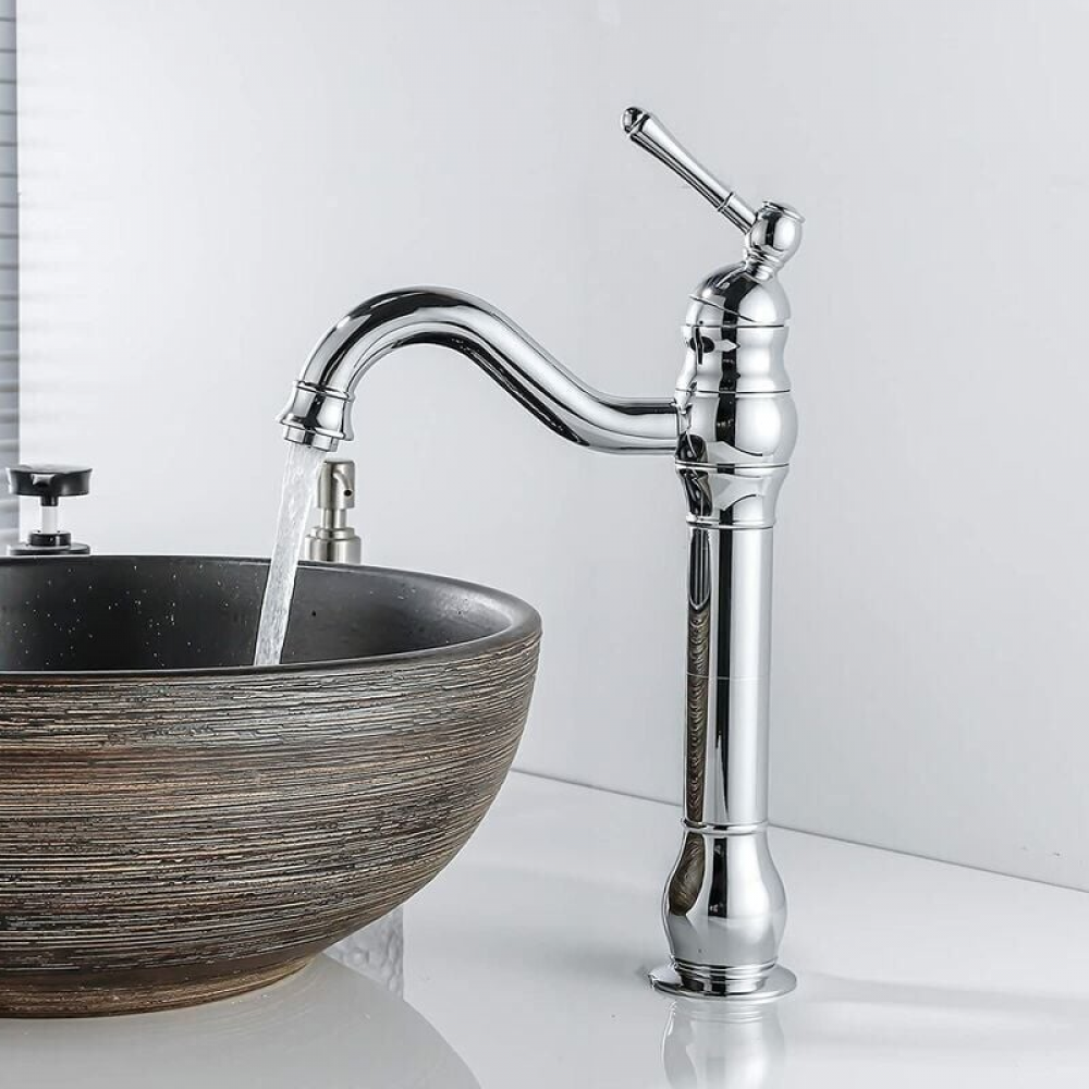 Bateria umywalkowa obrotowa Retro, obrotowa 360°, jednouchwytowa, wysoka wylewka, ciepła i zimna woda, dostępna w kolorze chromu