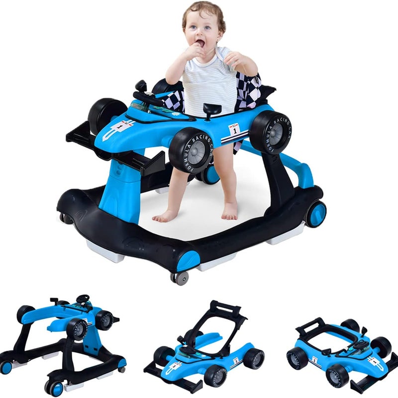 Chodzik dla Niemowląt, 4 w 1 z 3 Regulowanymi Wysokościami, Składany z Muzyką i Światłem, dla Dzieci w Wieku 6-18 Miesięcy (Niebieski)