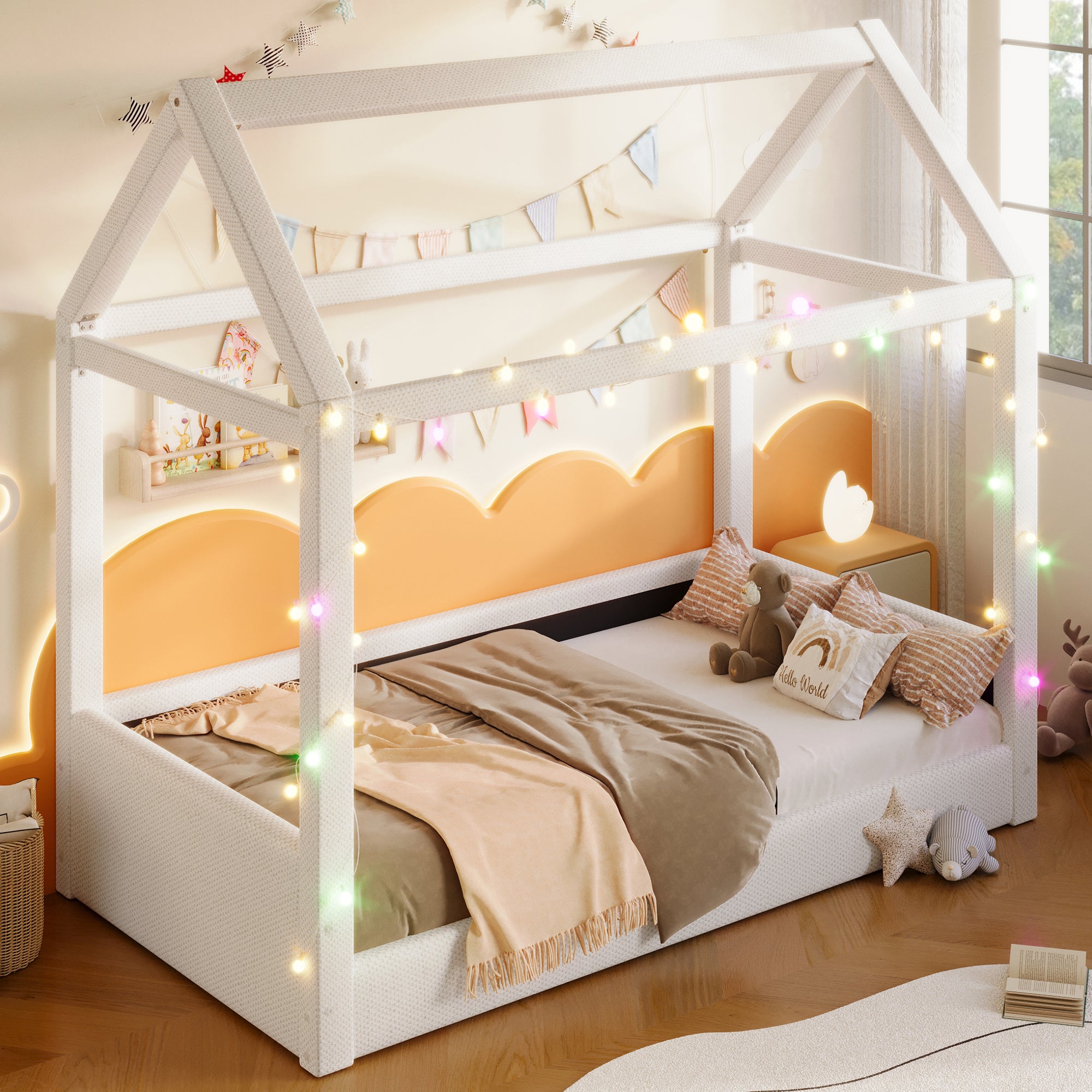Łóżko domek 90x200cm - z listwą LED - Design dachu - MDF - Beżowy (materac nie jest wliczony w cenę) - 4