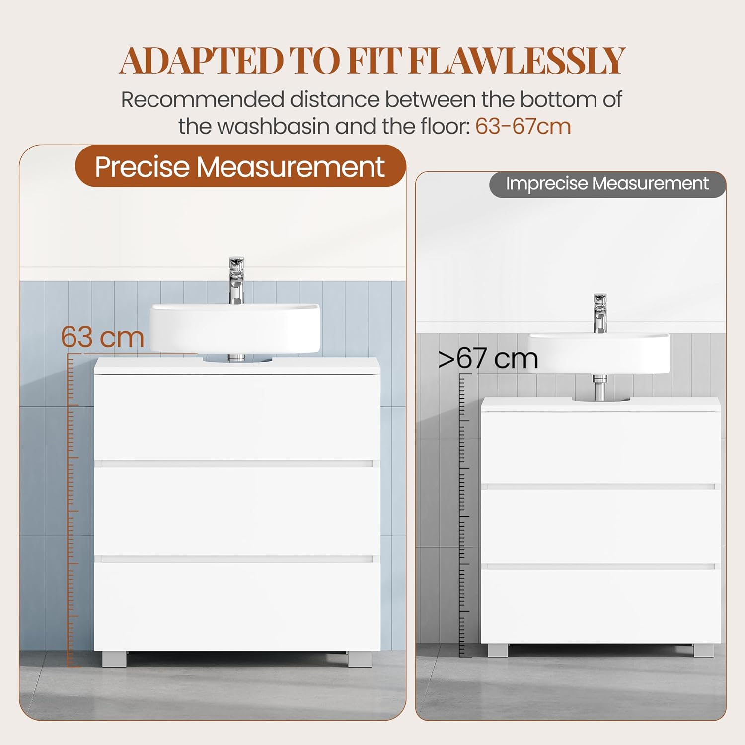 Mobile Sottolavabo per Bagno, Mobile Bagno Sottolavabo con 3 Cassetti, per Lavabo Senza Rialzo, Convient pour Bagnetto, Moderno, Bianco - 4