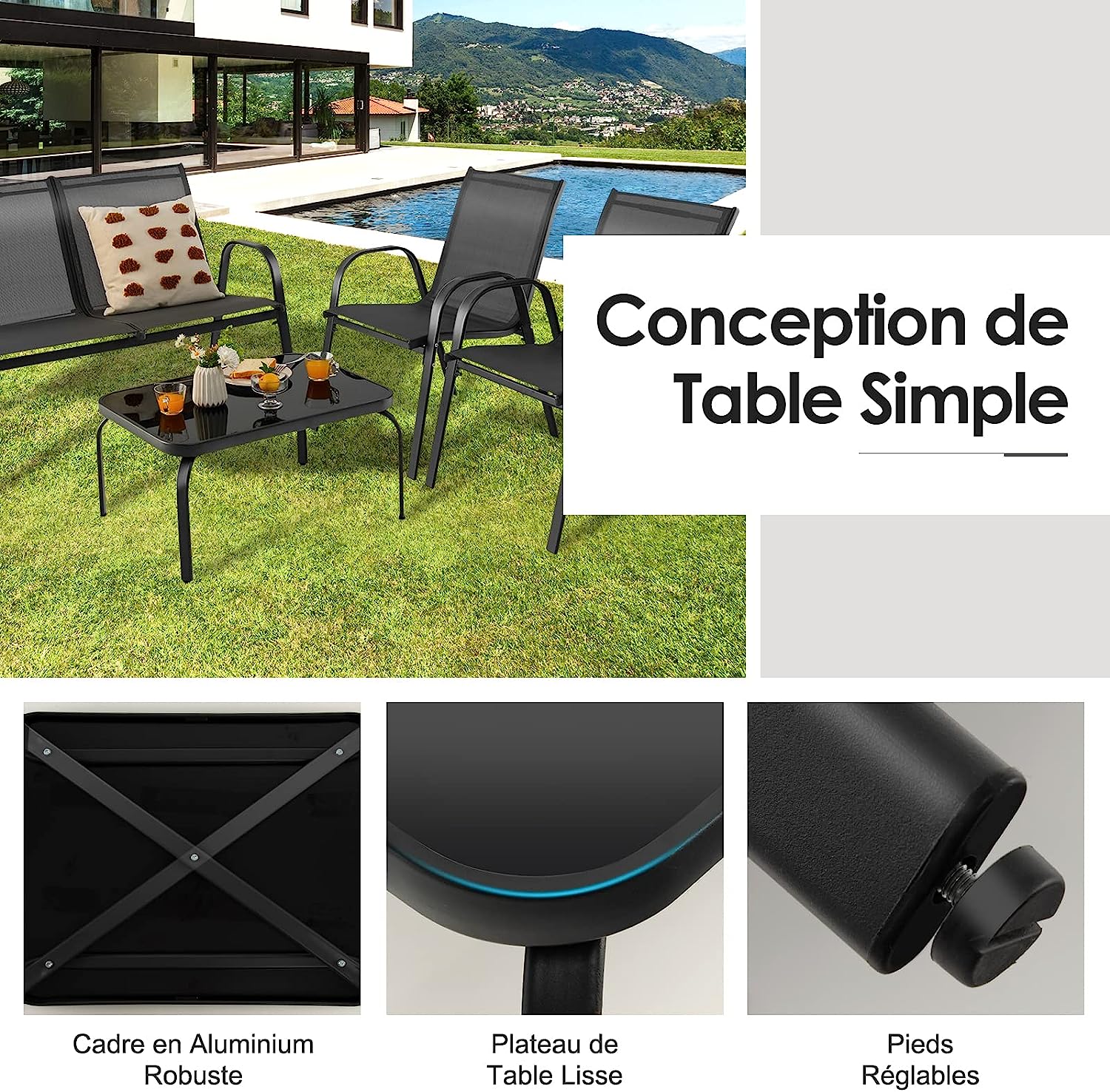 Ensemble Salon de Jardin 4 Pièces, 2 Fauteuils 1 Canapé 1 Table Basse en Verre, Gris - 3