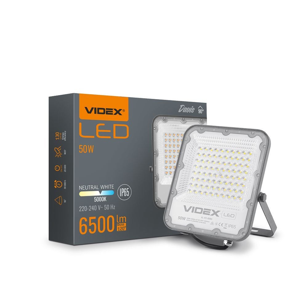 Naświetlacz LED szary LED 50W 5000K 6500lm IP65 wym: 22,79 x 20,45 x 2,9 cm aluminium Videx