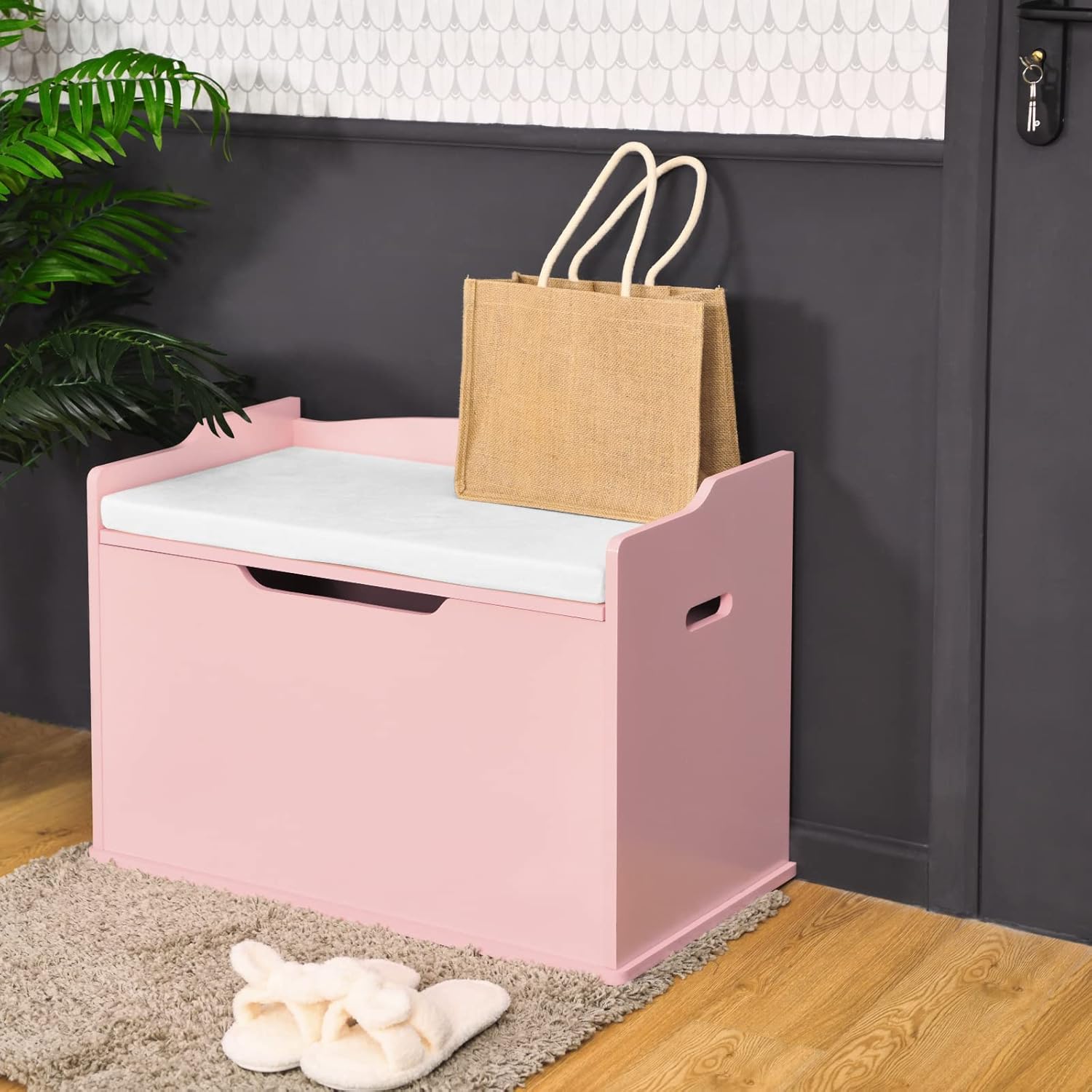 Coffre à jeu en Bois, 4 en 1 Coffre de Rangement avec Banc d'Assise, Couvercle Rabattable, Poignées Latérales, Banc de Rangement (Rose) - 8