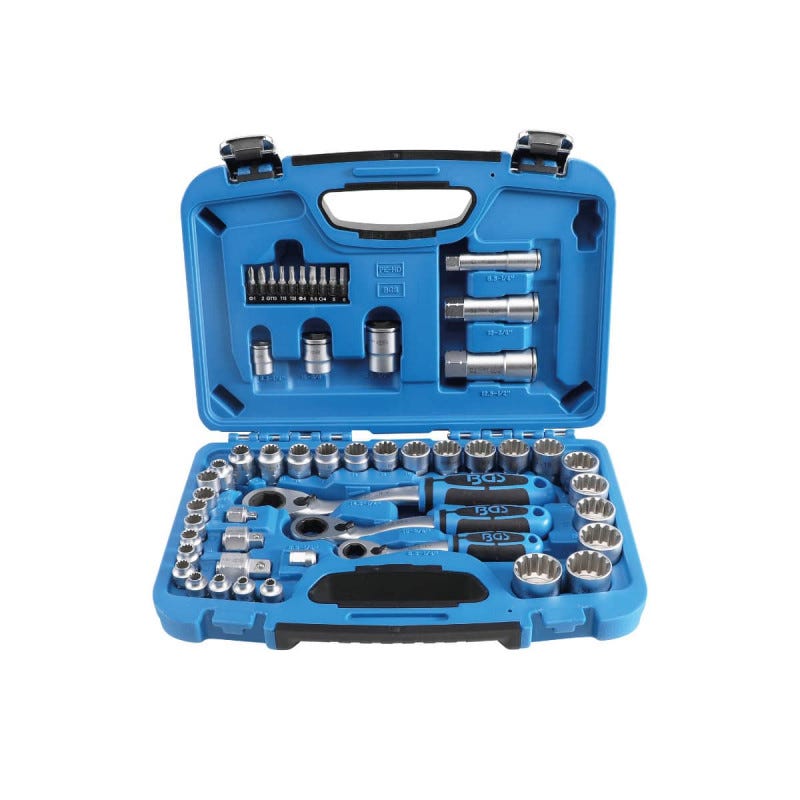 BGS 2150 - Jeu De 13 Douilles Gear Lock 1/4" - Profil Universel 6 Pans, 12 Pans, E-Torx - Métrique Et Pouces Sur Rail Métal
