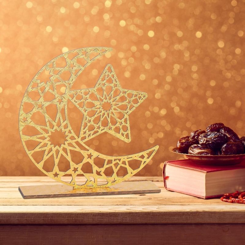 2 Decorazioni Murali In Legno Per Ramadan Mubarak - Cartelli Intagliati Con Luna, Stella E Castello - Per Casa, Porta O Parete - 42x21 Cm - 3