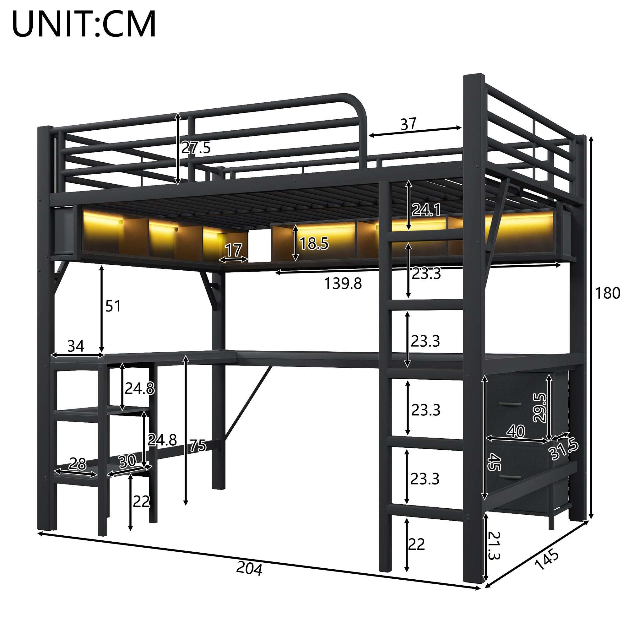 Metalowe łóżko piętrowe 140x200 cm - Z biurkiem i szafą - Z szufladami - Z portem USB i oświetleniem LED - Czarne (materac nie jest w zestawie) - 5