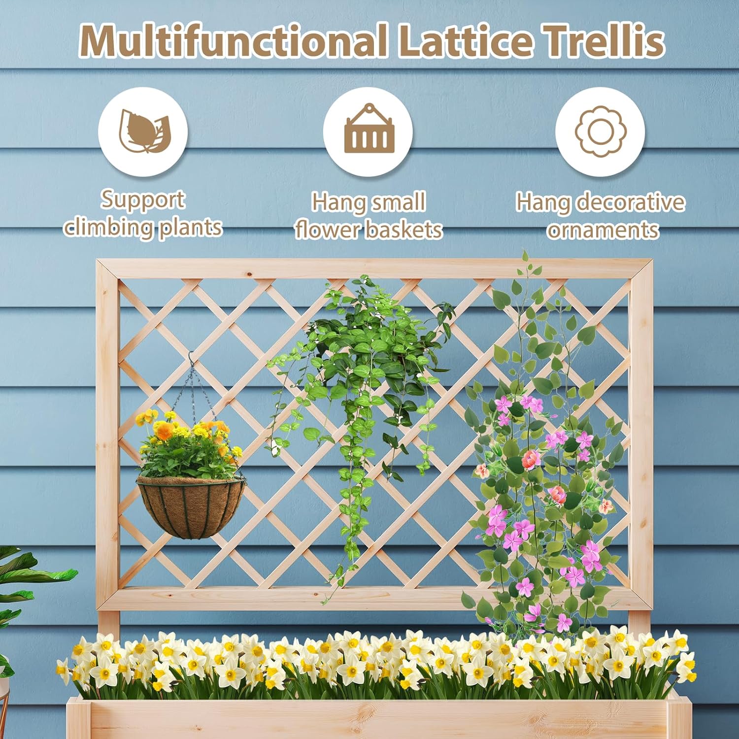 Jardinière Surélevée avec Treillis, Lit de Jardin en Bois de Sapin, Trou Drainage pour Vigne Grimpante Fleurs Fruits, Naturel (98x38x101cm) - 5
