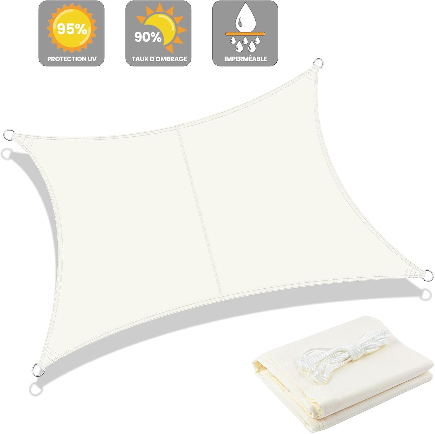 Toldo rectangular impermeable de 3x4 m, tela de sombra PES color crema con 95% de protección UV para patio y jardín. - 2
