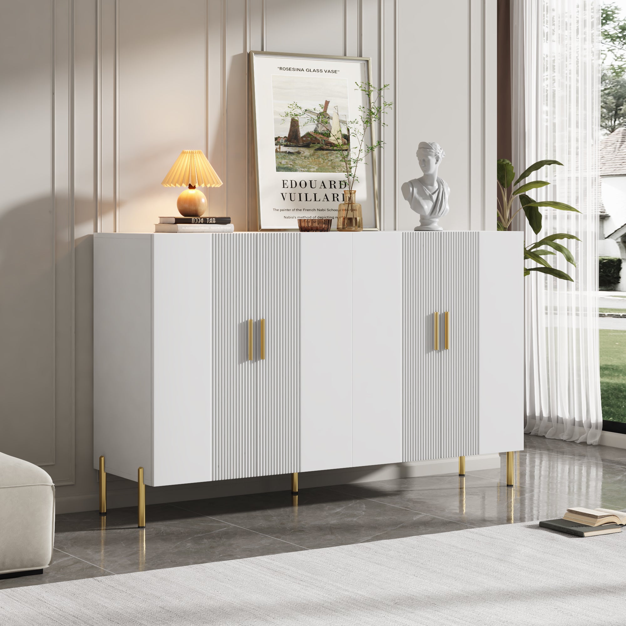 Buffet moderne avec 4 portes - 160 x 36.5 x 100 cm - Panneaux de particules - pour salle à manger - Blanc - 2