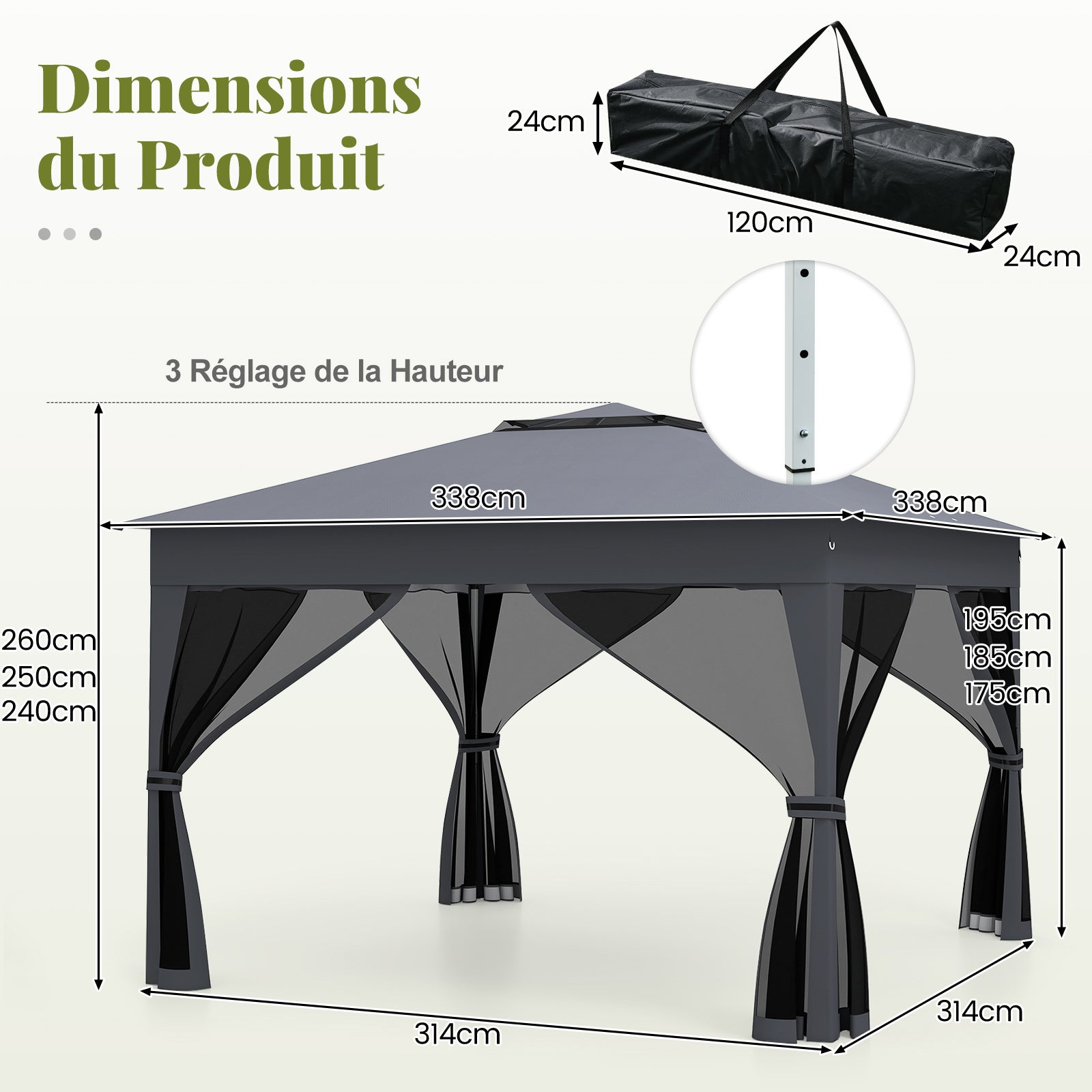 Tonnelle de Jardin 337 x 337 CM avec Filet en Maille 4 Côtés, Instantanée à Double Toit avec Sac de Transport Protection Solaire, Gris - 3