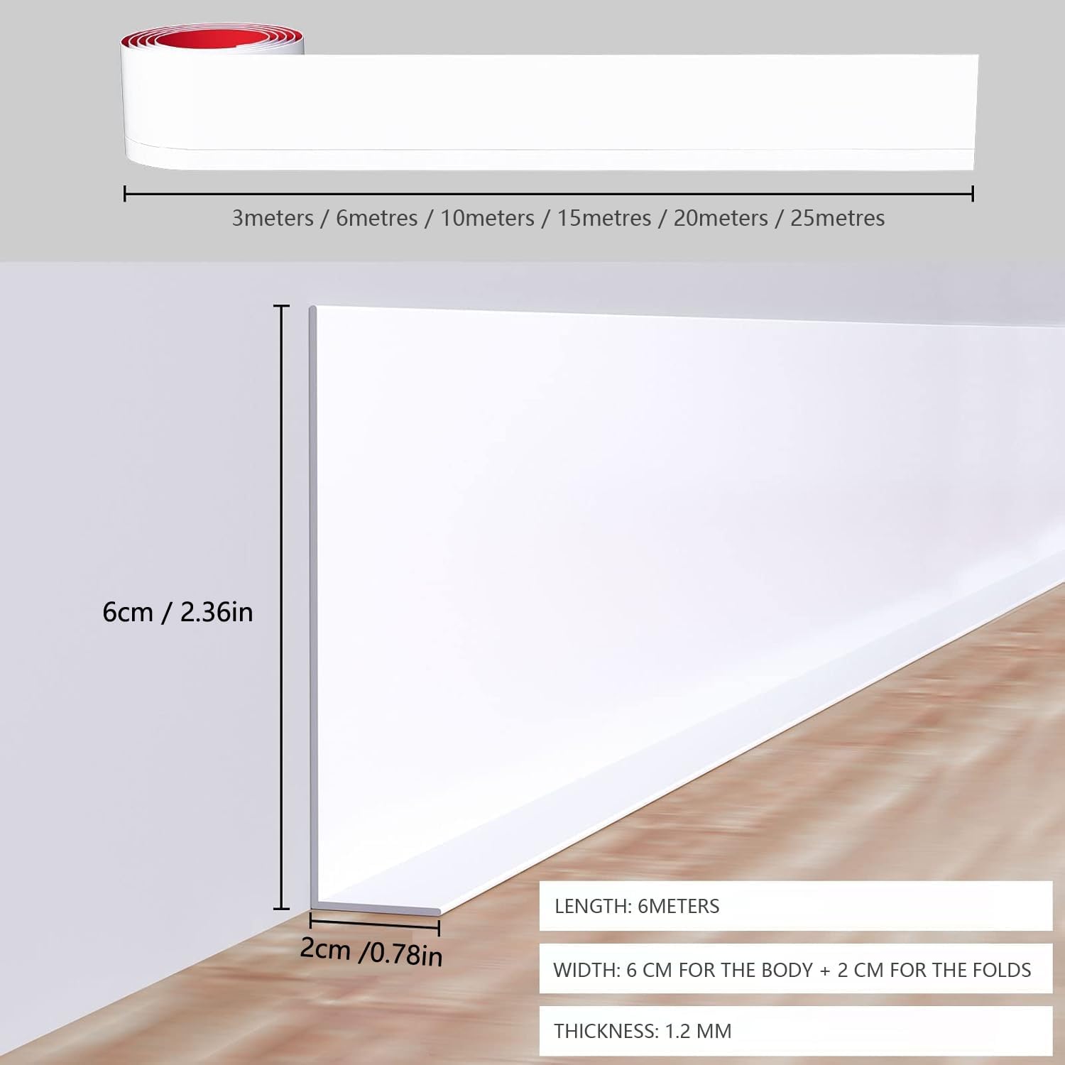 Plinthe murale flexible blanche PVC 60x20mm, autocollante, pliable, bande décorative sol 3m - 2