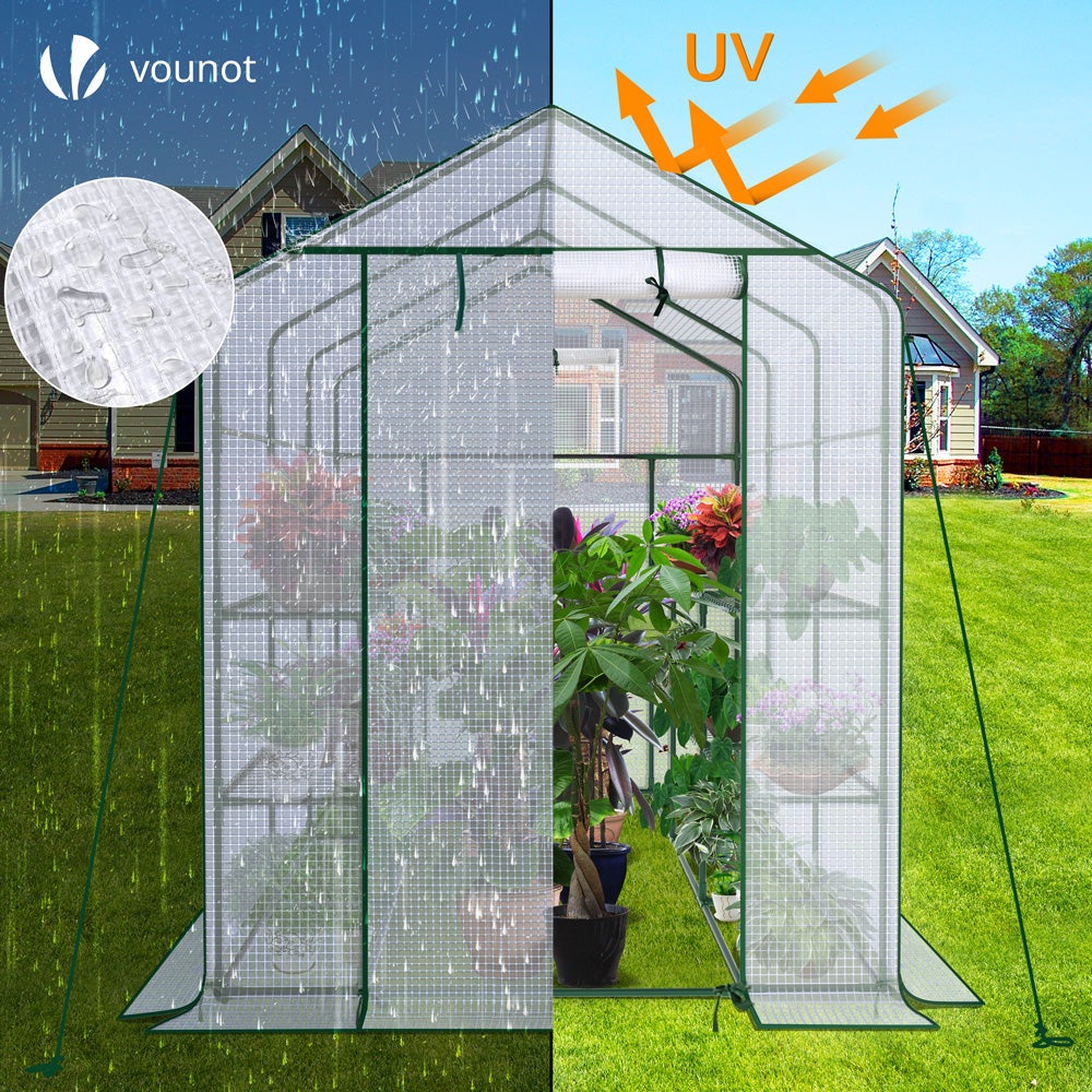 Serre de jardin avec étagères 143x215x195cm blanc - bâche renforcée 135g/m², fenêtre moustiquaire, porte enroulable zippée - VOUNOT® - 4