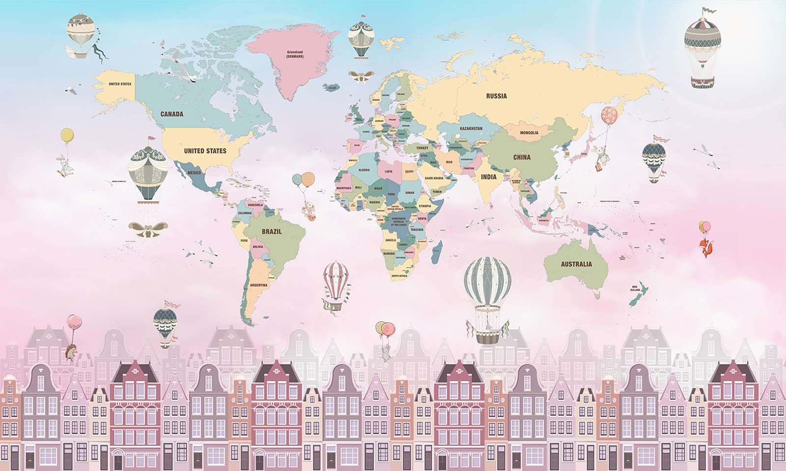 Papel pintado panorámico niños - mapa del mundo