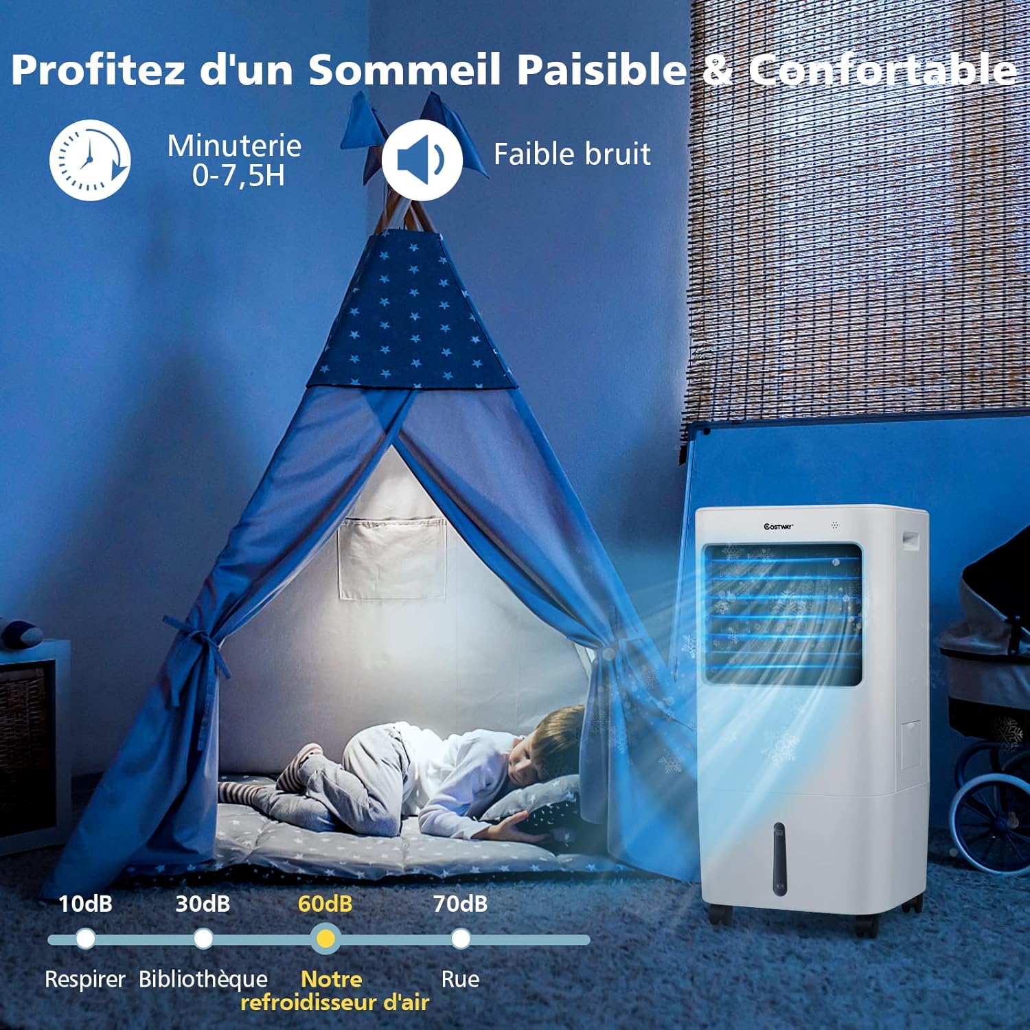 Rafraîchisseur d'Air Mobile 65W Réservoir 20L Ventilateur Humidificateur Oscillation 40° 3 Modes 4 Vitesses Minuterie 7,5H, 2 Glacières - 6