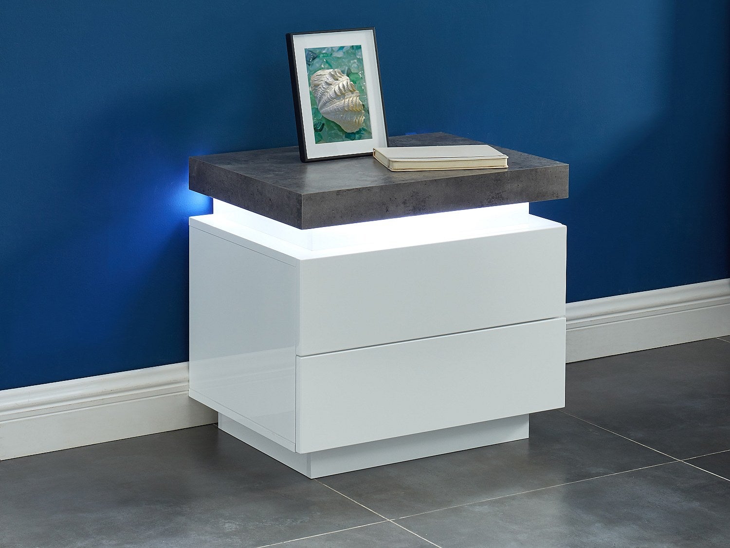Stolik nocny - 2 szuflady - lakierowane MDF - diody LED - Kolor: biały i betonowy - HALO II
