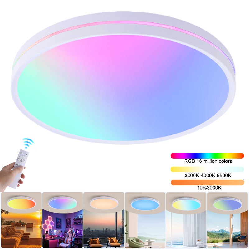 Ściemniany plafon LED z pilotem, świetlik LED o pełnym spektrum, tęczowy plafon RGB, zmienny kolor, φ37 cm
