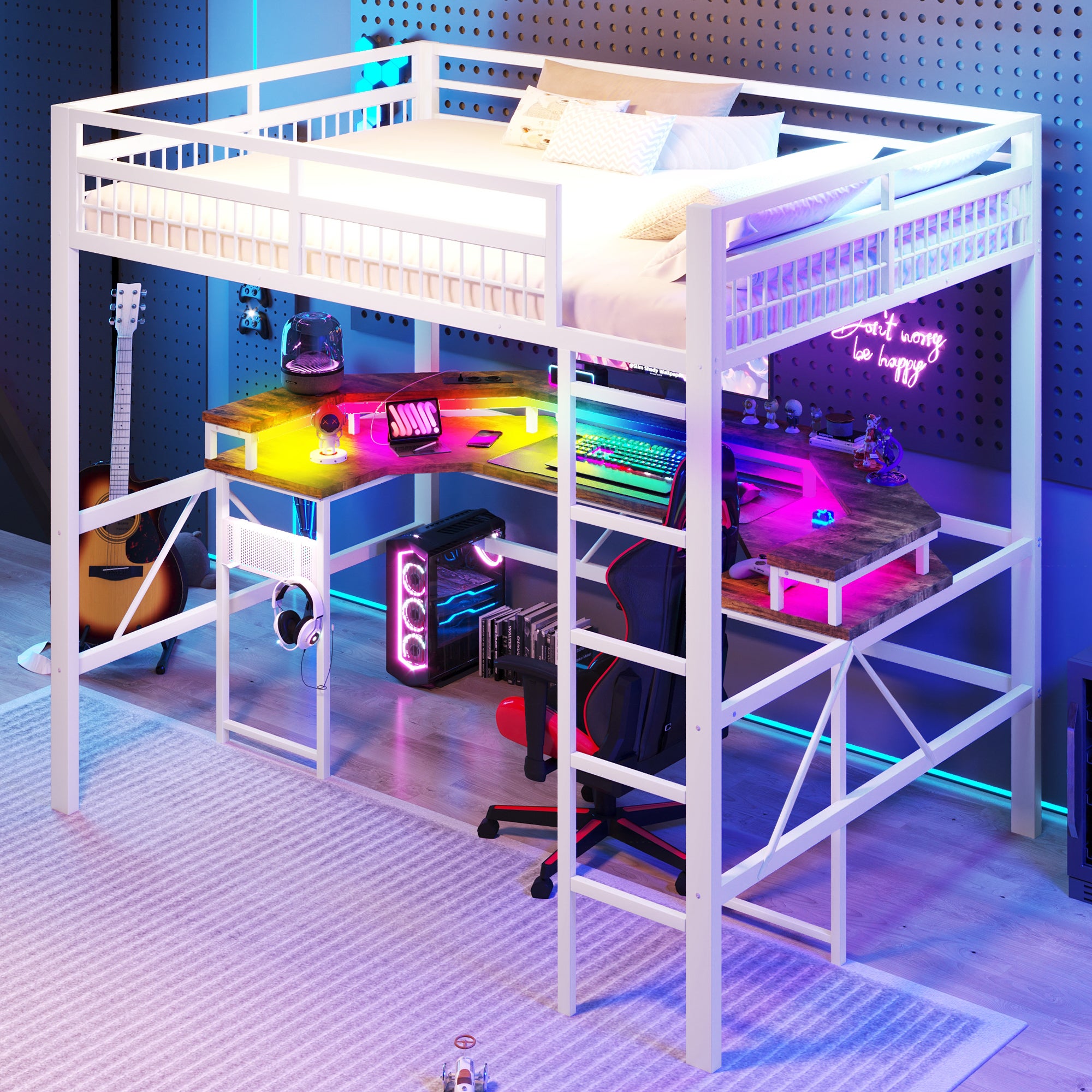 Łóżko na antresoli 140x200 cm - Oświetlenie LED - Wbudowane biurko - 1 port USB + 1 port Type-C + 2 gniazdka elektryczne - Biały