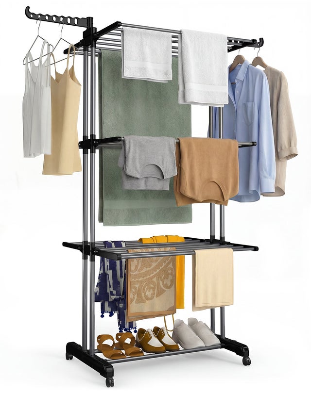 Étendoir à linge pliable 126x63x170cm, Séchoir 4 niveaux grande capacité avec roulettes, Gris, VOUNOT®