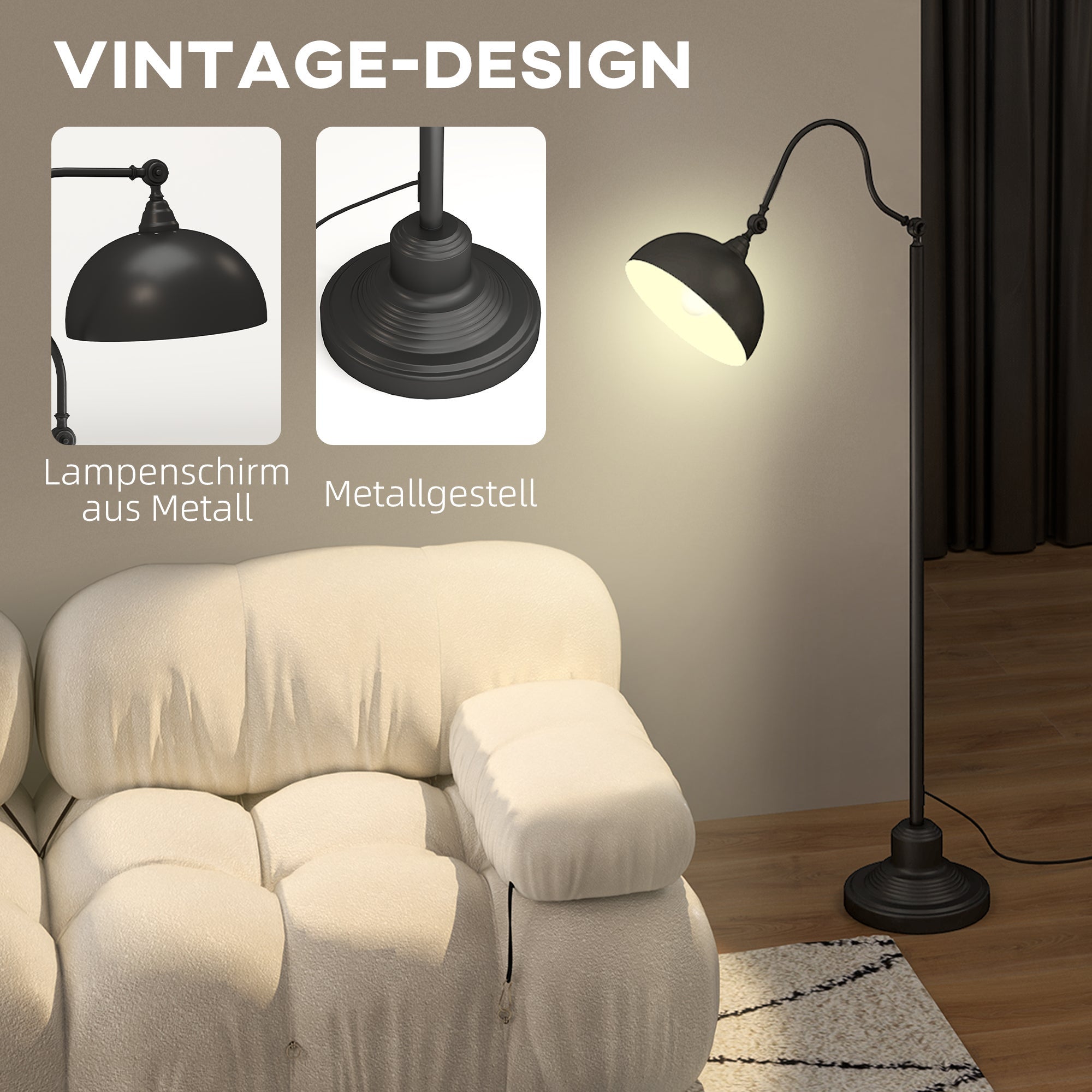Lampadaire, douille E27, abat-jour réglable, 40 W, lampe arquée au design vintage, Noir - 4