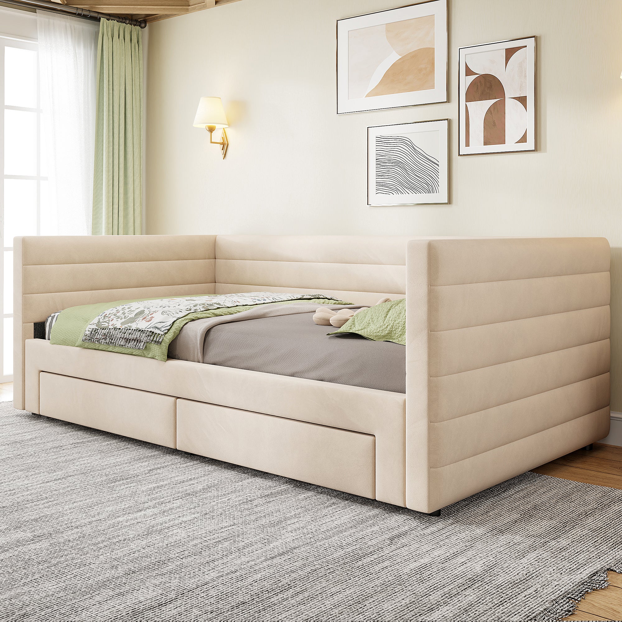 Łóżko wysuwane 90/180 x 200 cm z zagłówkiem, sofa rozkładana - Tkanina lniana - Beżowy (Materac nie jest wliczony w cenę) - 3