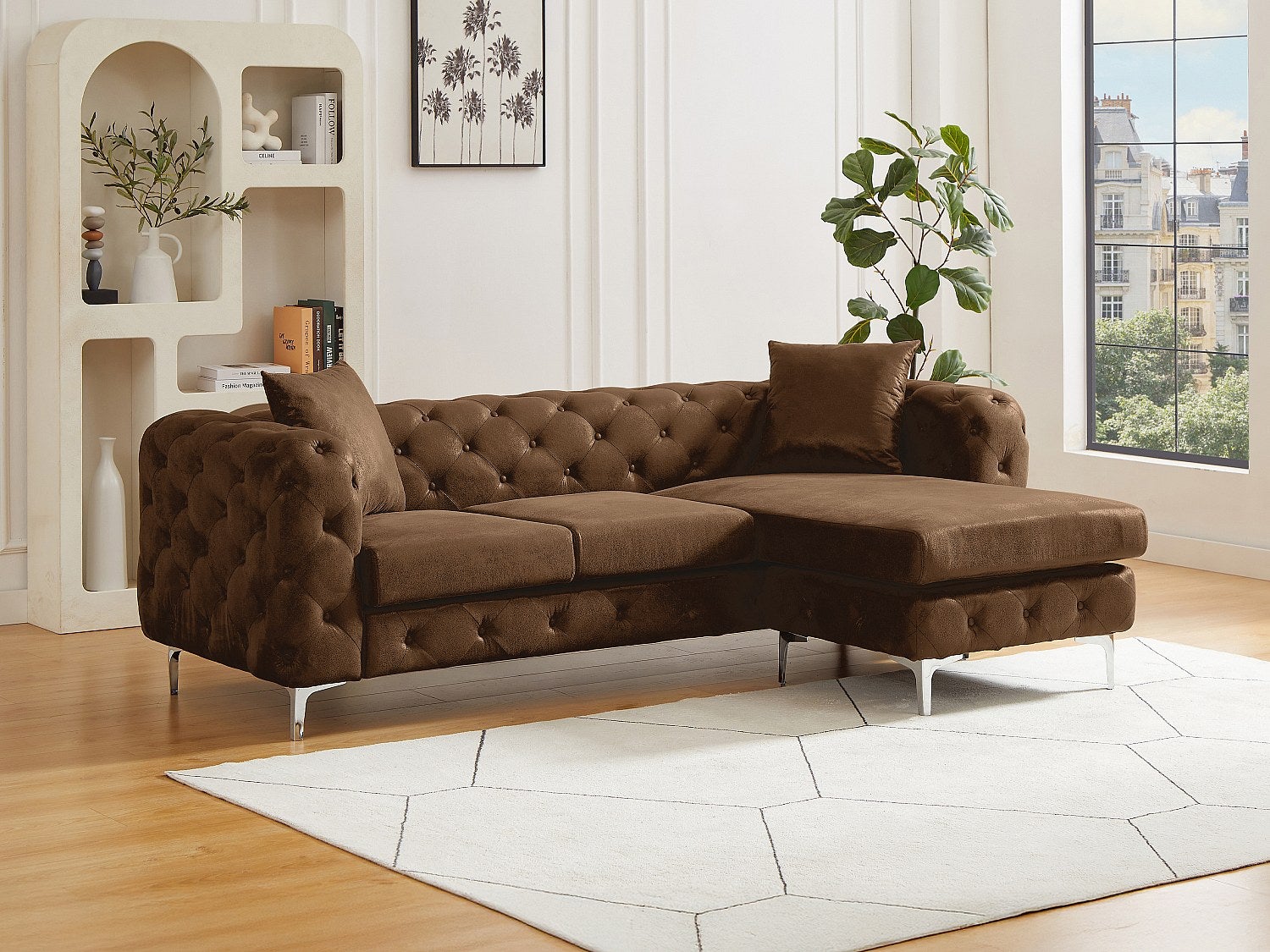 Kanapa narożna odwracalna chesterfield z mikrofibry imitująca brązową postarzaną skórę EDWINA