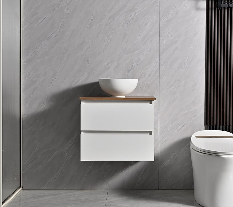 Conjunto Móvel de Casa de Banho profundidade reduzida 58x33x48 cm Branco e bancada de madeira com Lavatório de pousar - 4