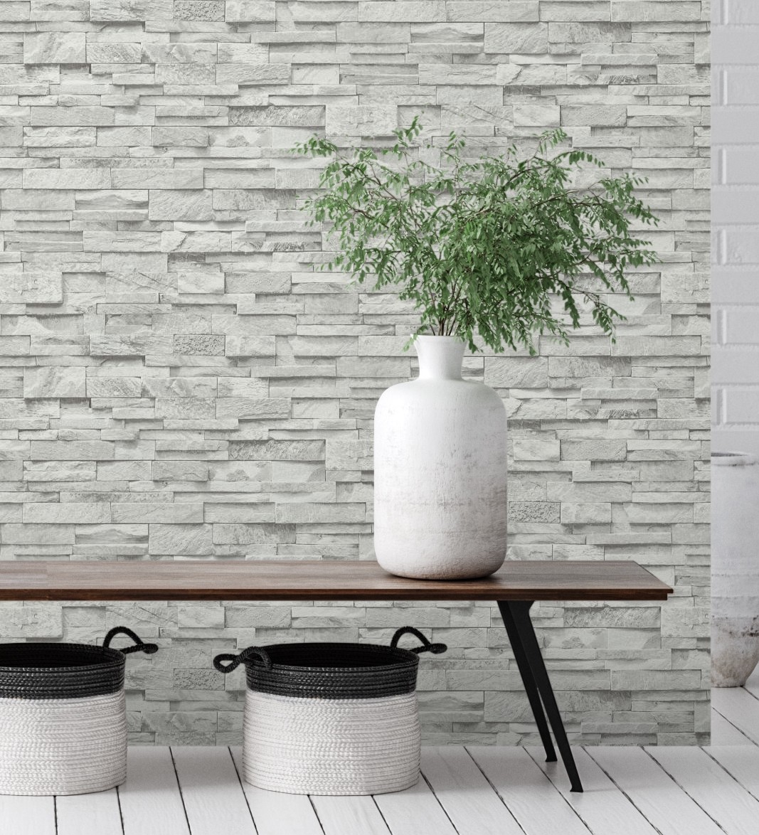 Papel pintado vinílico lavable imitación muro de piedra pizarra blanca textura en relieve - austin stone 127673 de gaulan - rollo de 10 m x 0,53 m