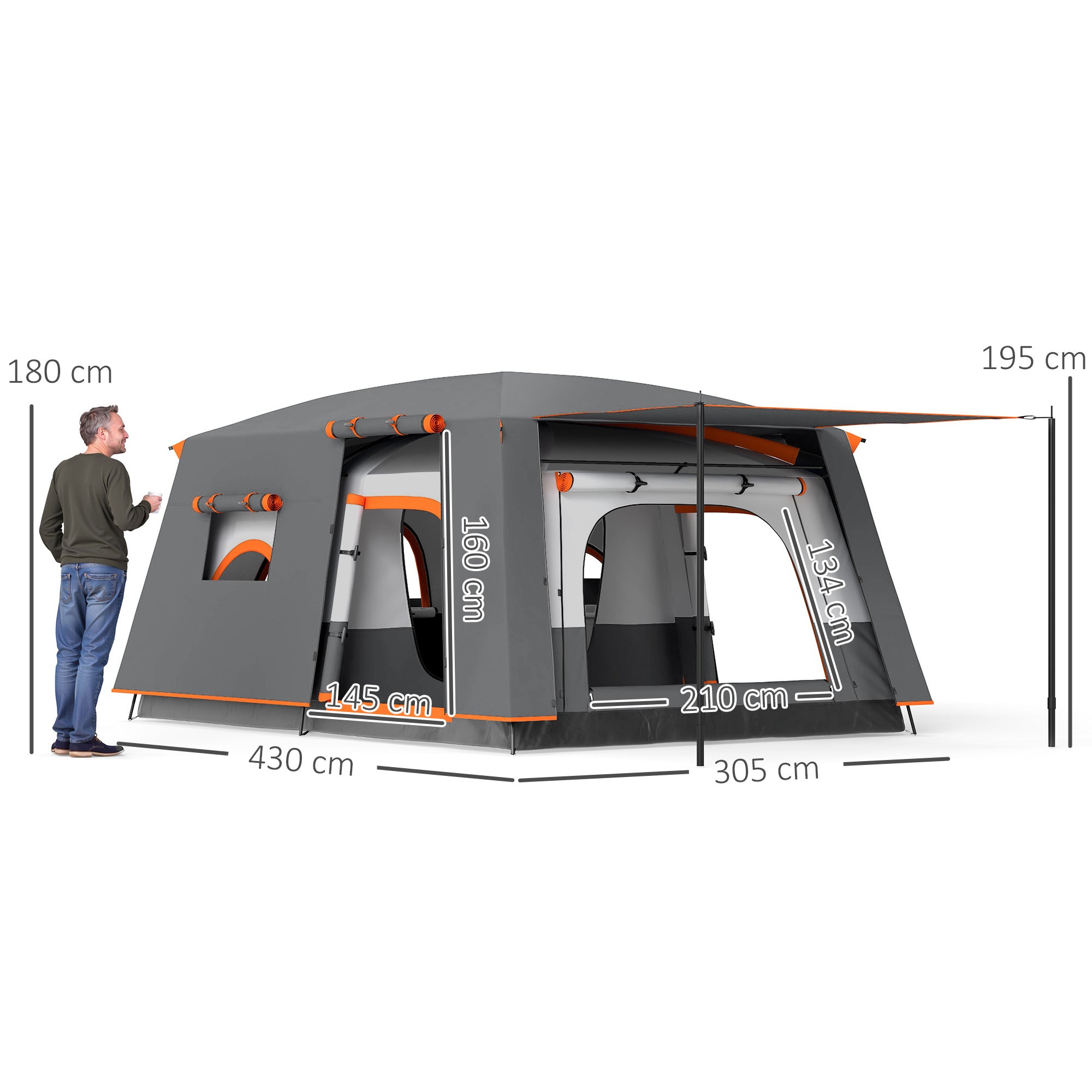 Tente camping 4-6 personnes, 2 chambres et véranda, imperméable UPF30+, sac de transport, gris - 5