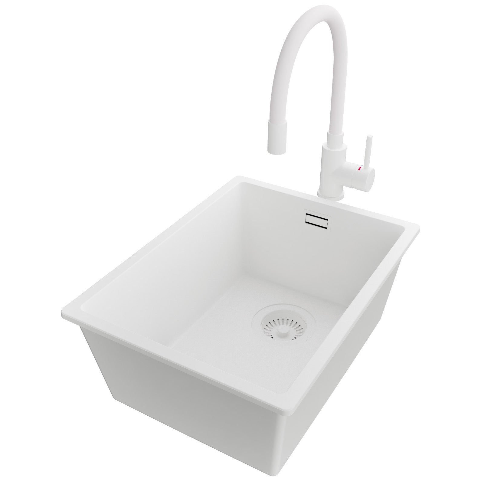 Zlewozmywak Granitowy Cały Biały 36x47cm, Zlew Kuchenny 1 Komorowy + Bateria 38x14cm + Syfon, Nablatowy do szafki od 40cm - Londyn Slim PRIMAGRAN