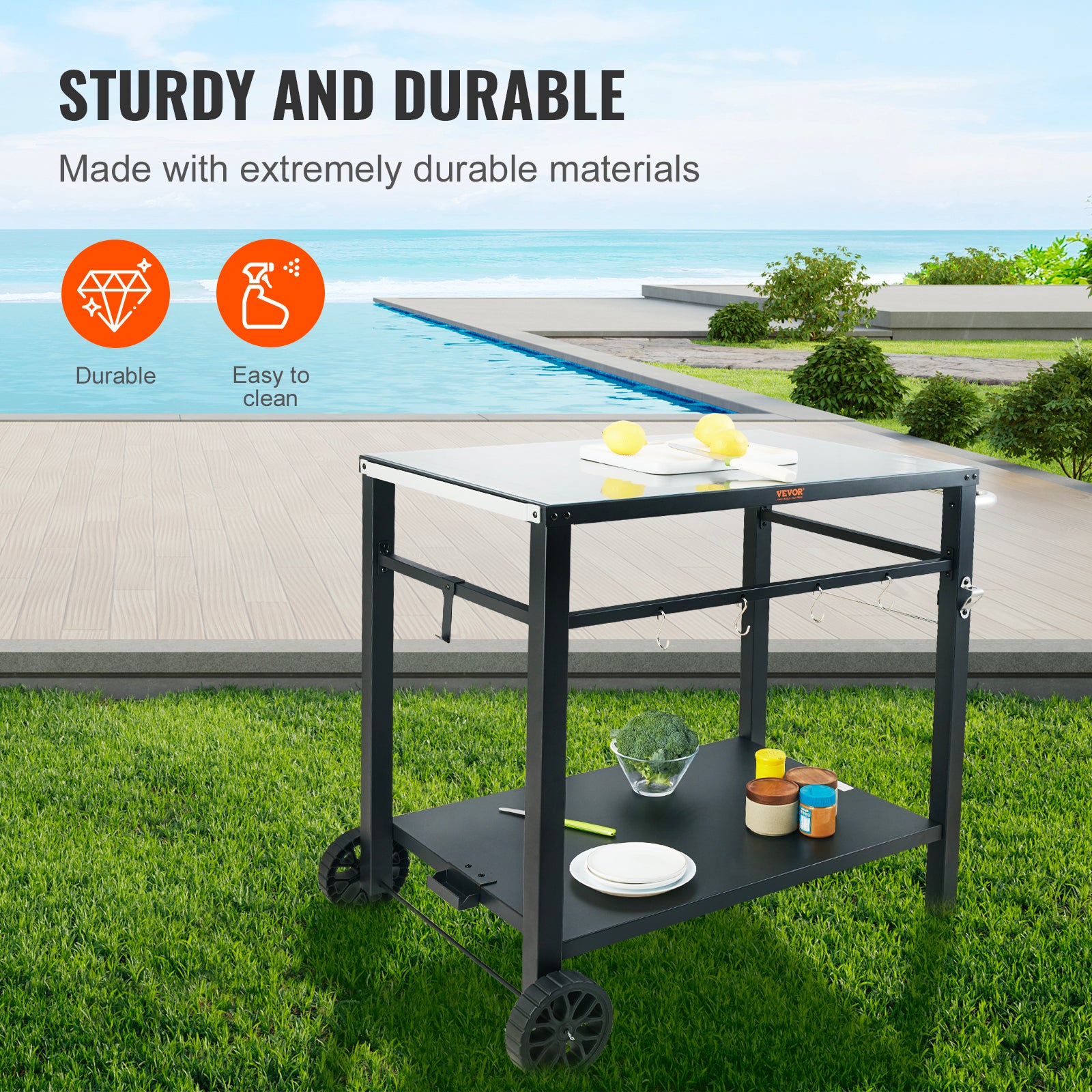 VEVOR Carrello da Pranzo per BBQ da Esterno con Doppio Ripiano, Tavolo Mobile Preparazione degli Alimenti per Barbecue, Piano Multifunzionale in Ferro - 3