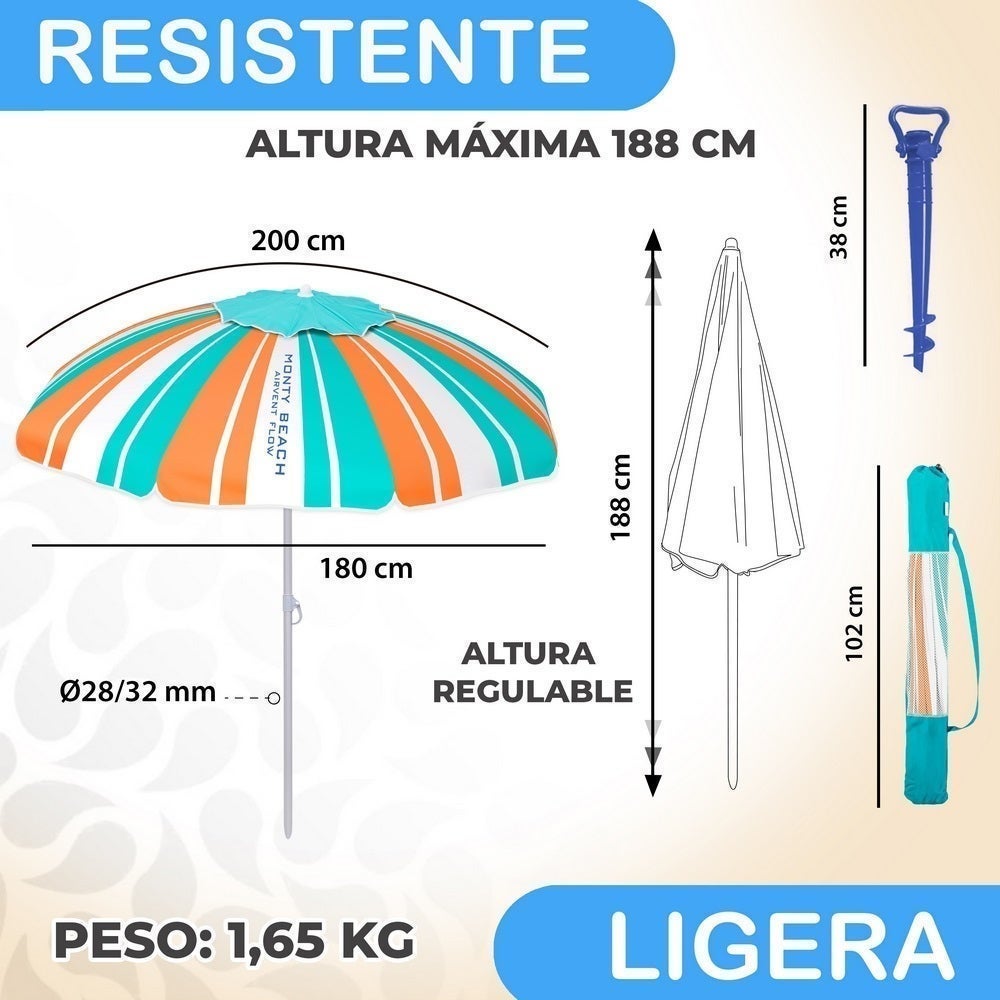 Sombrilla playa 200 cm y soporte arena, protección UV+50, Rayas multicolor MONTY - 2
