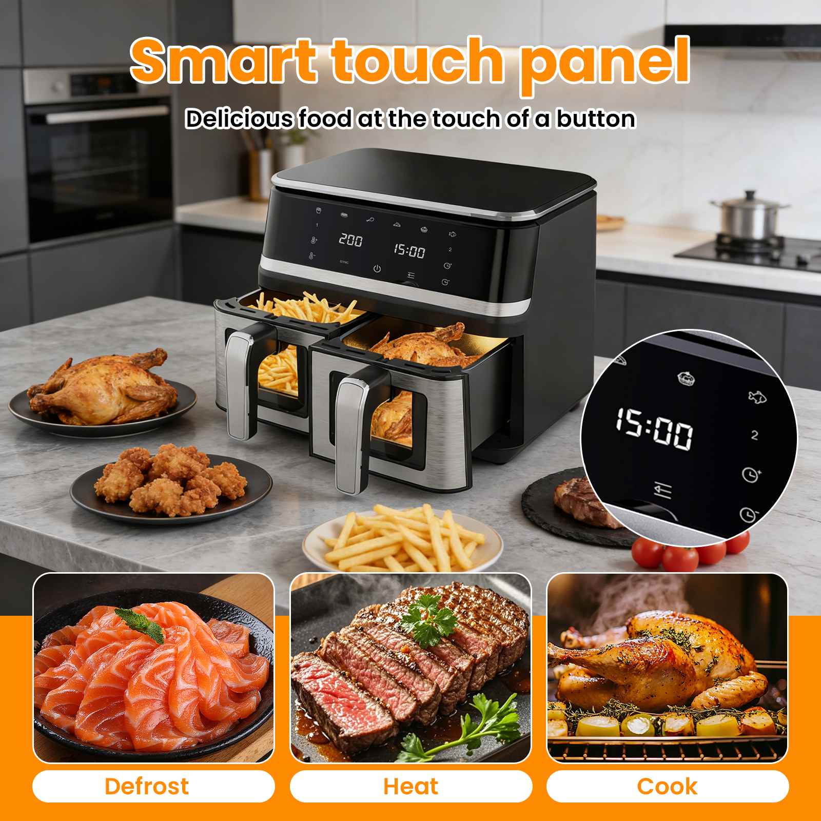 Friteuse à air 9L double compartiment écran tactile 12 programmes rapide saine famille - 8