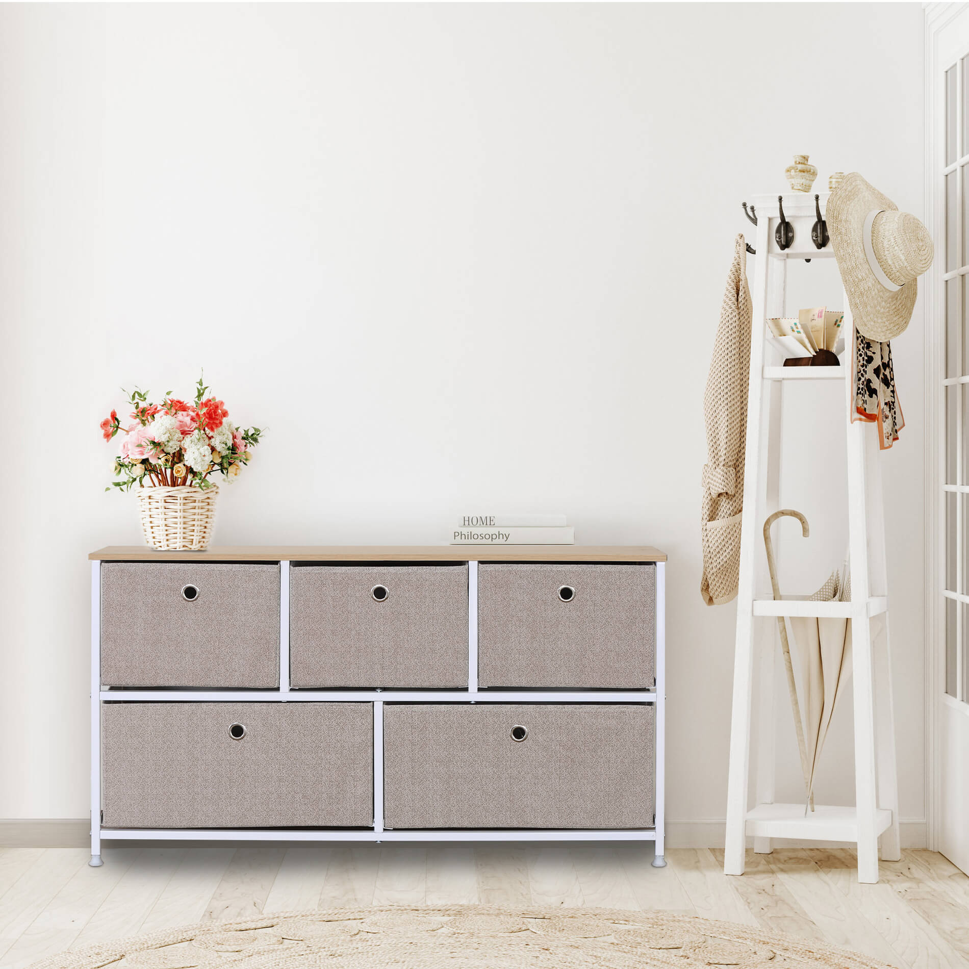 Meuble de rangement bas Rebecca Mobili Chiffonier à 5 tiroirs en metal et tissu blanc beige - 9