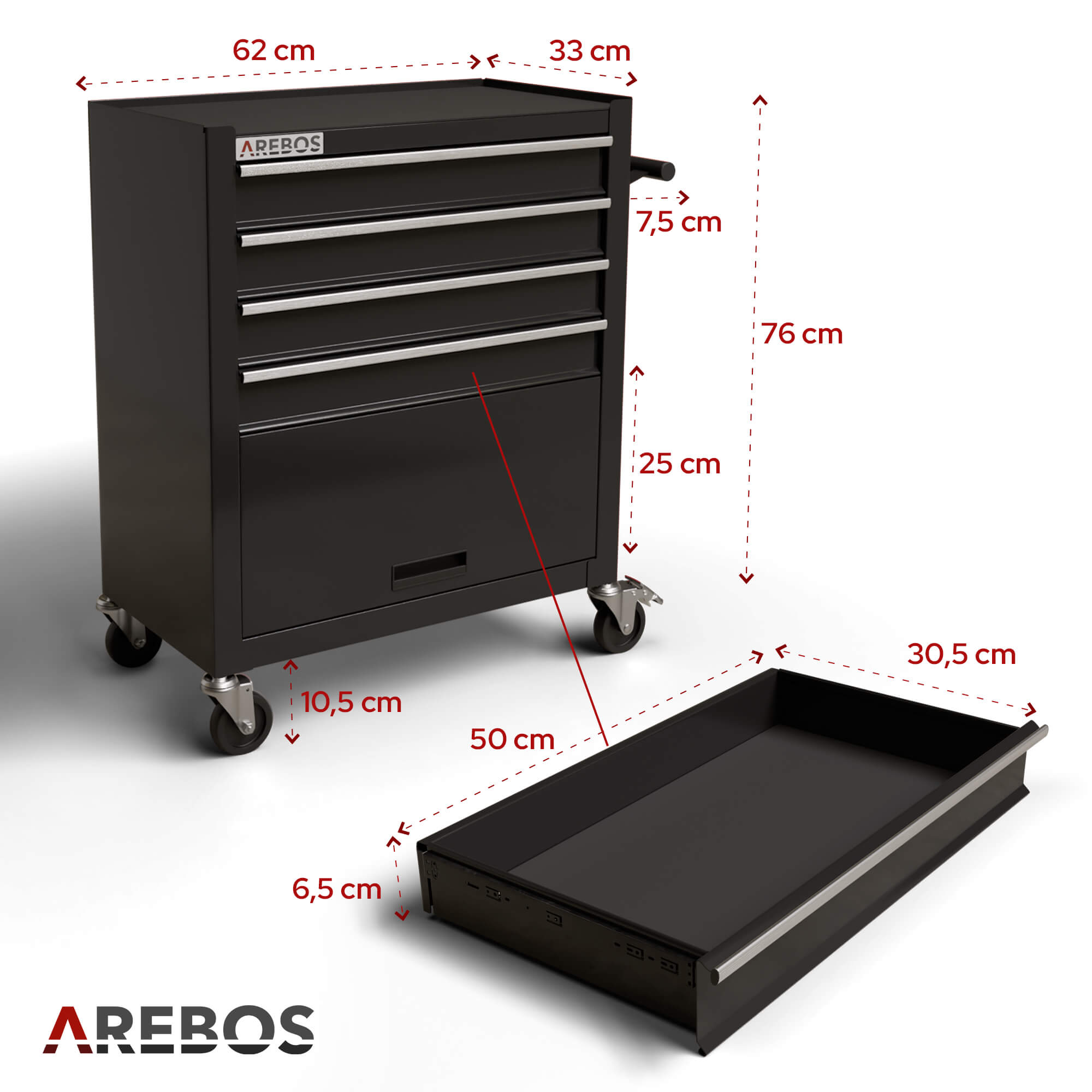 AREBOS Chariot d'Atelier Chariot à Outils 4 Tiroirs + Grand Compartiment Noir 4 roulettes Tapis antidérapants Construction Robuste - 9