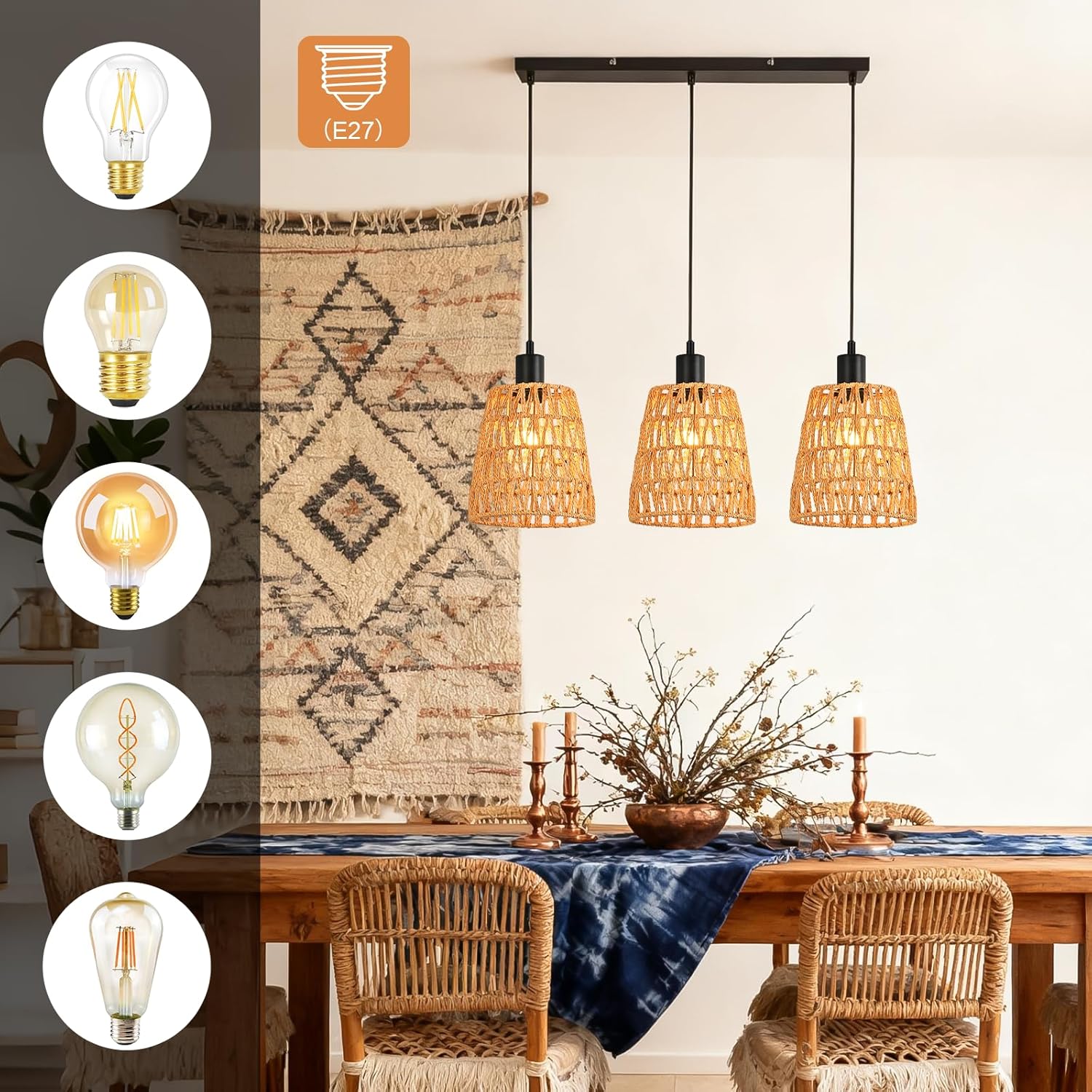 Lampa wisząca Nettlife Boho Rattan z 3 żarówkami – żyrandol z plecionej liny konopnej w stylu vintage, E27 (żarówki nie są dołączone) - 5