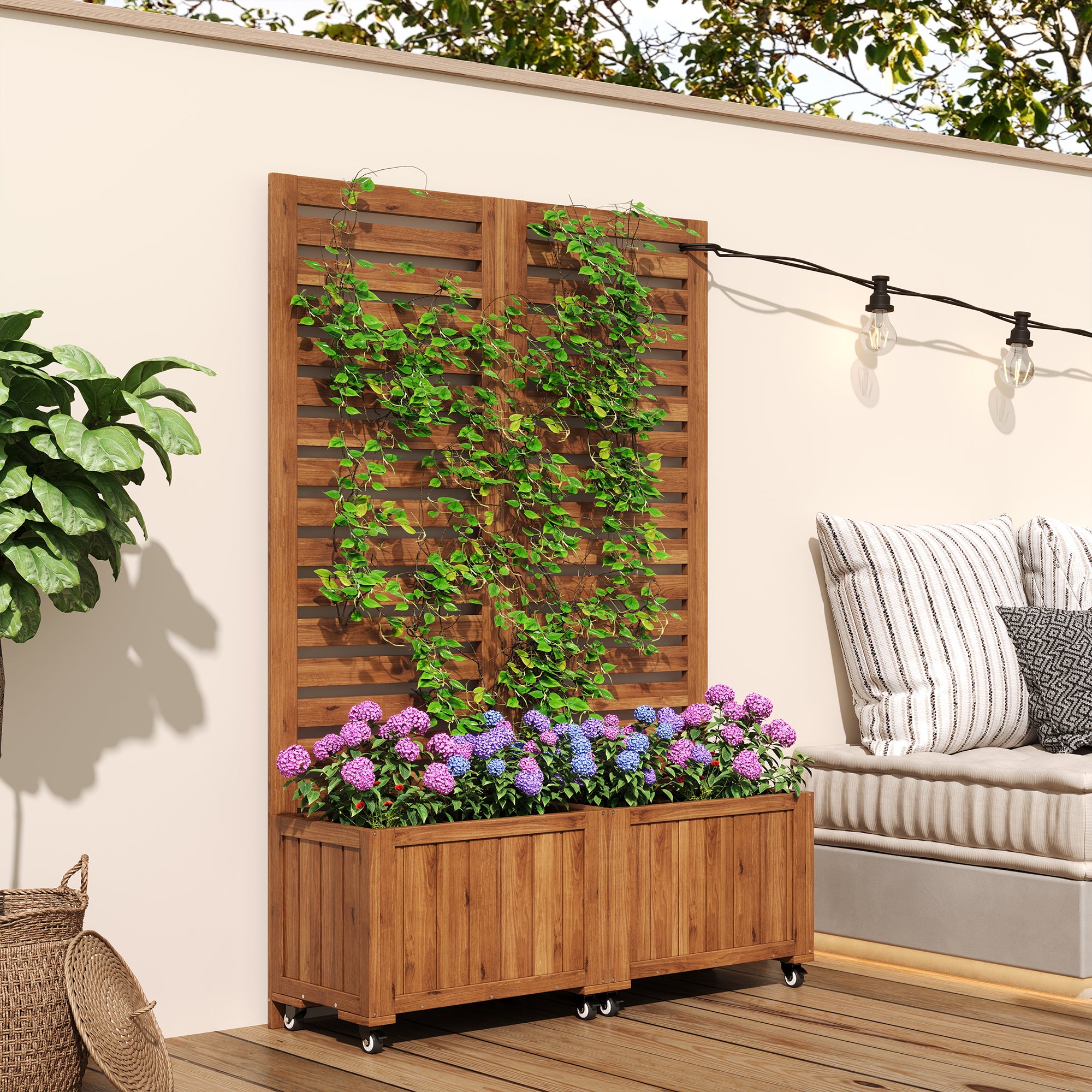 Lot de 2 Jardinière convertible avec Treillis et roulettes en bois massif - 102 x 32 x 150 cm - Marron - 4