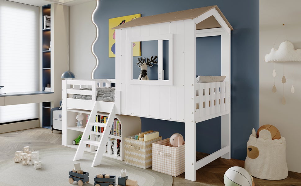 Letto per bambini 90x200 cm, letto a soppalco, letto a casetta con tetto e finestra, recinzione su quattro lati, con scaletta, bianco e naturale - 7