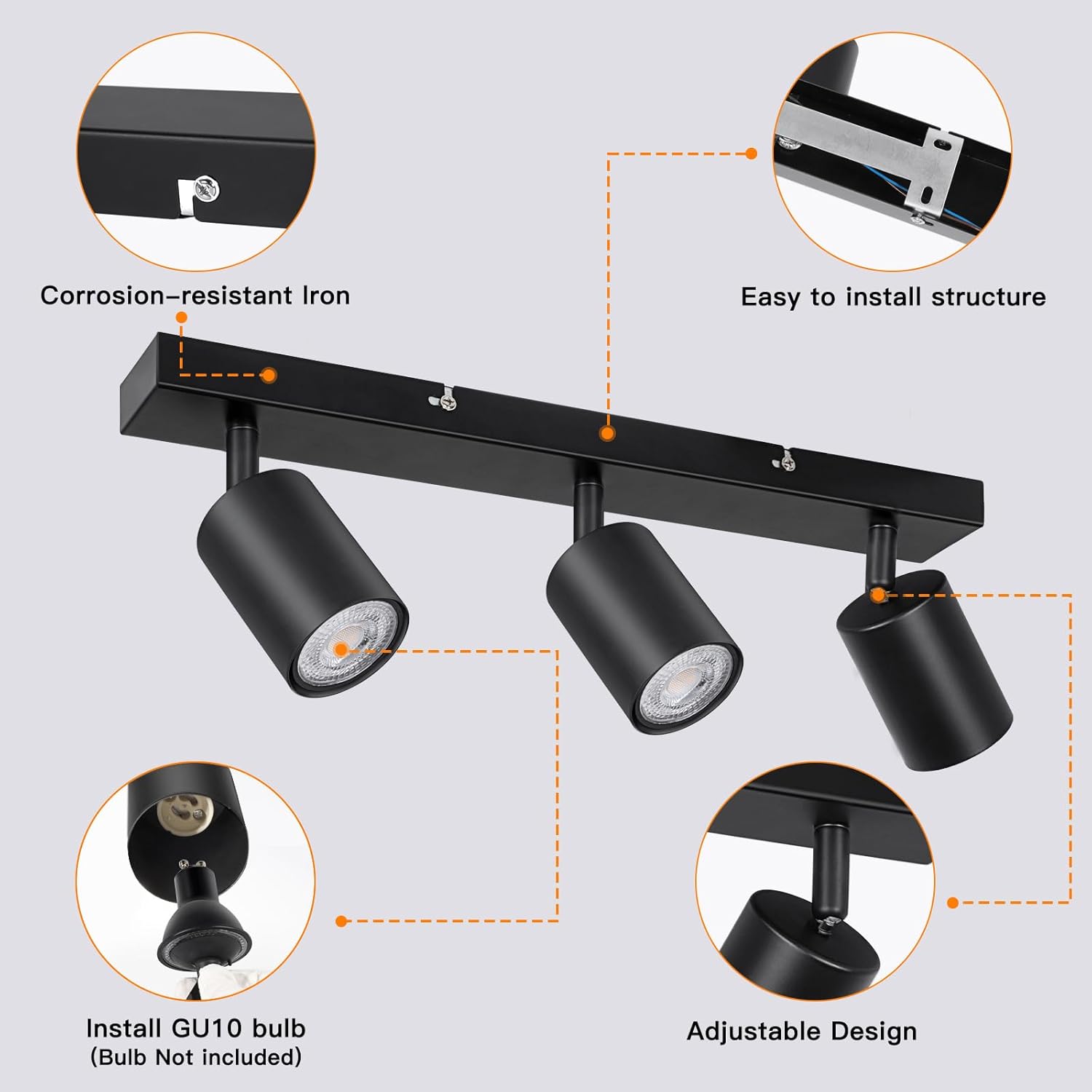 Luminaire Plafonnier Spot Orientable Noir, Moderne Spot Plafond GU10 Spot Interieur Plafond,Pivotants Plafonnier LED 3 Spots pour Cuisine,Sans Ampoule - 5