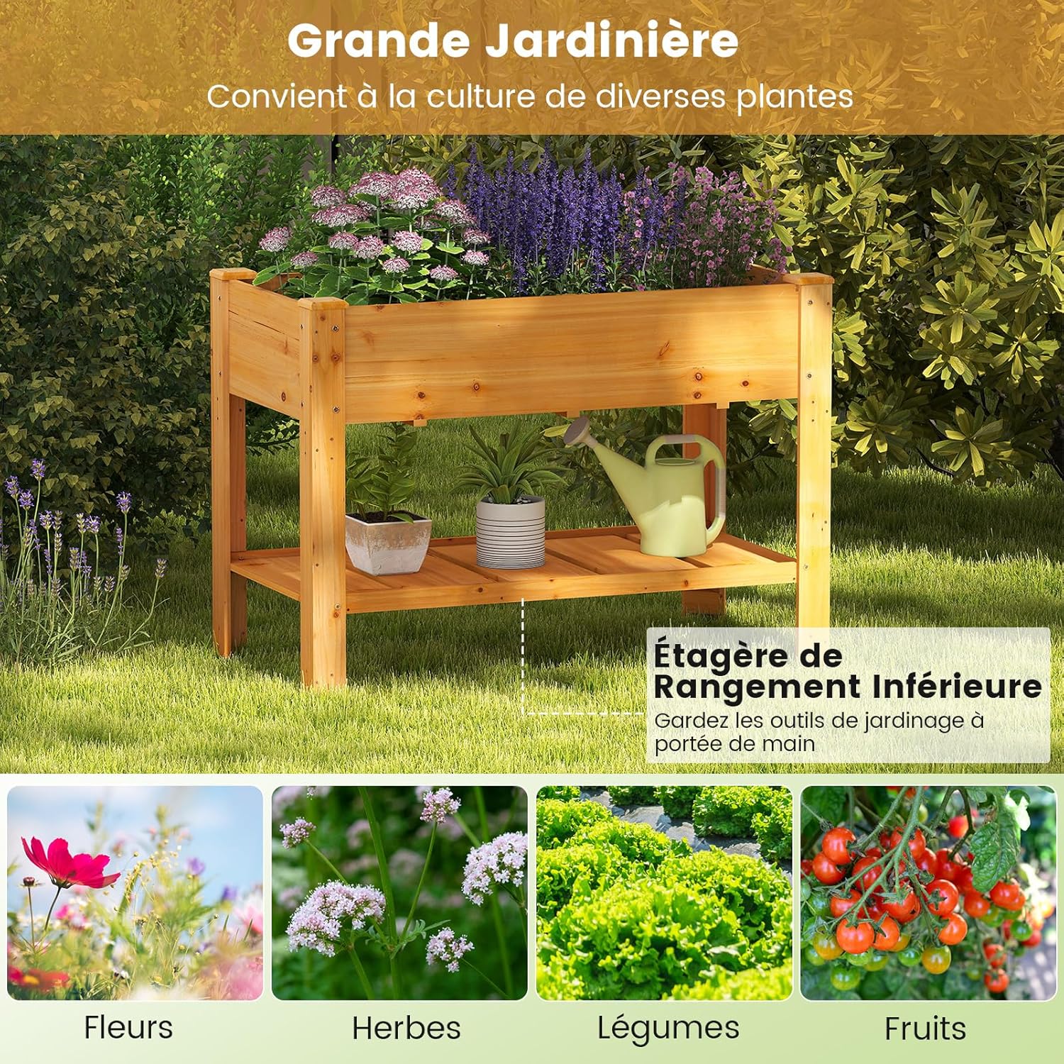Jardinière Surélevé en Bois avec Trou de Drainage, Lit de Jardin avec Pieds et Étagère, Bac de Culture pour Plantes Fleurs Végétaux (Marron) - 7