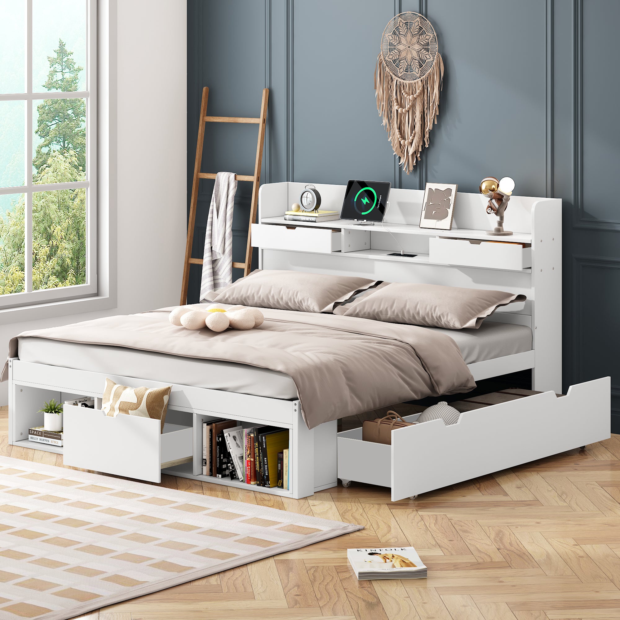 Łóżko podwójne 140 x 200 cm z szufladami i przegródkami - sosna i sklejka - port USB - białe (materac nie jest wliczony w cenę) - 2