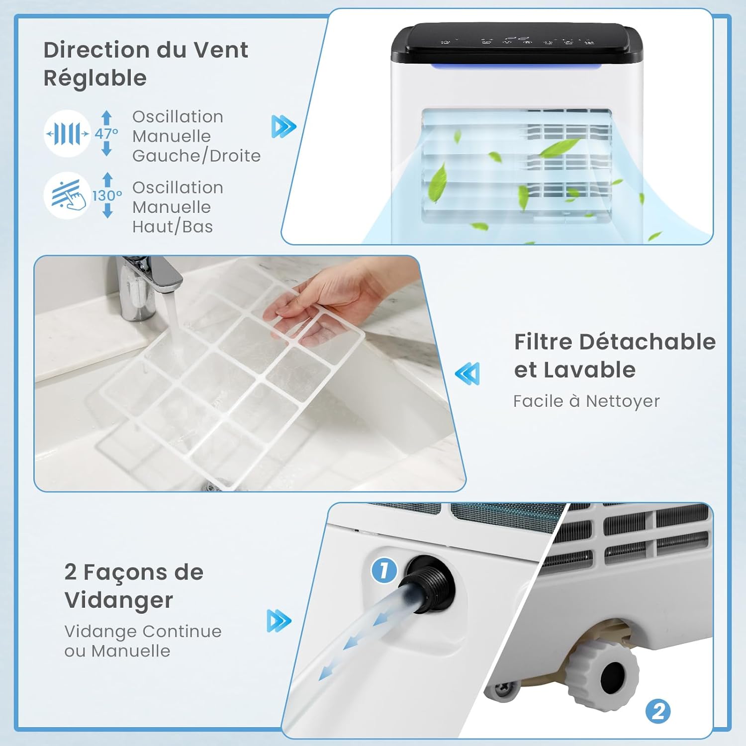 9000 BTU Climatiseur Portable 5 en 1, Refroidissement, Ventilateur, Chauffage, Déshumidificateur, Climatisation Mobile Intelligente Minuterie 24 h - 8