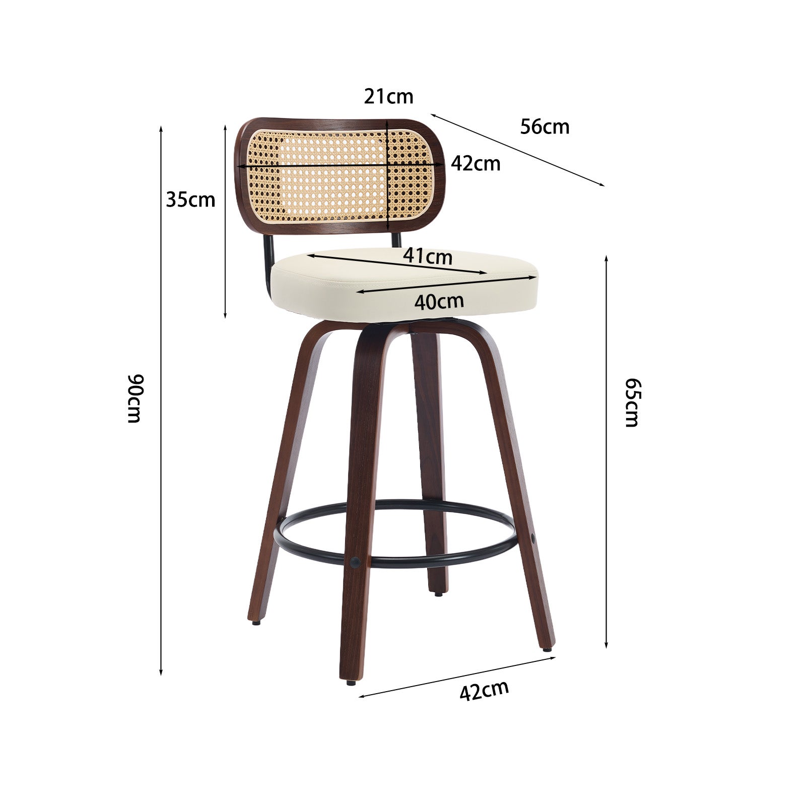 Lot de 2 chaise de bar Noyer Hauteur Comptoir 66 cm, Tabouret de bar Dossier en Cannage, Assise Rembourrée Béige, Salle a manger Fonction Pivotante - 9