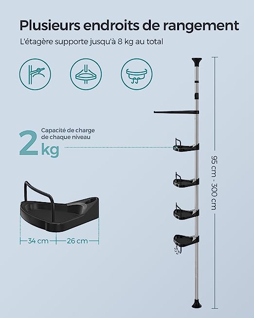 Étagère de Douche Réglable en Hauteur, Hauteur Totale 95-300 cm, en Inox, 4 Niveaux, 3 Crochets, Argent et Noir - 5