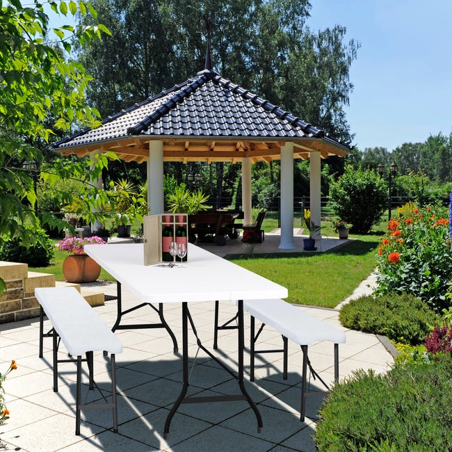 Mesa De Jardín Plegable Efecto Madera Blanca 74x118x60 Cm - Resistente, Para Terraza, Jardín Y Exterior